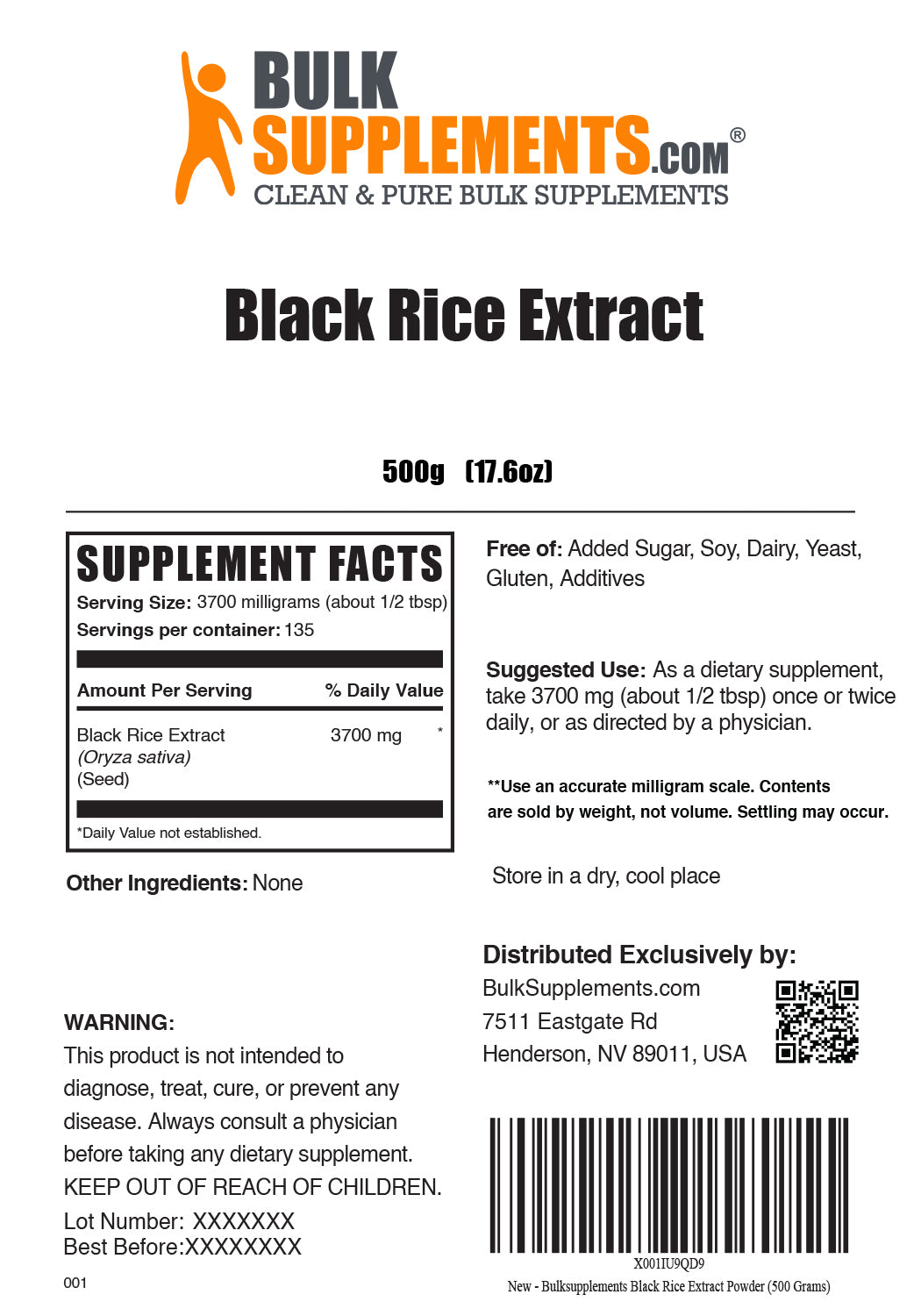 Supplement Facts Black Rice Extract Powder 500 grams