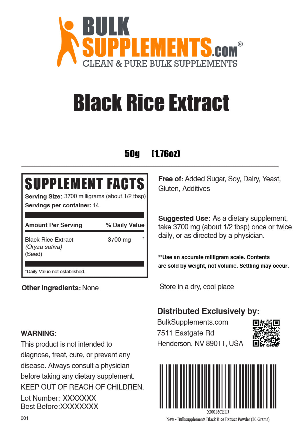 Supplement Facts Black Rice Extract Powder 50 grams