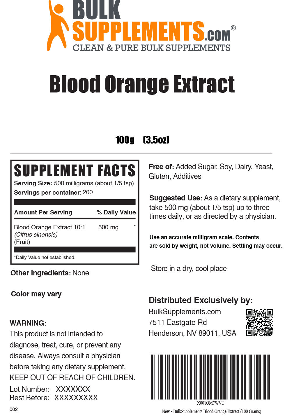 Supplement Facts Blood Orange Extract Powder 100 grams