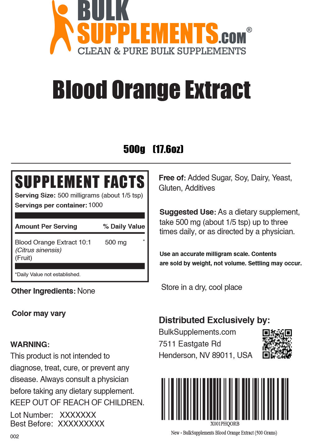 Supplement Facts Blood Orange Extract Powder 500 grams