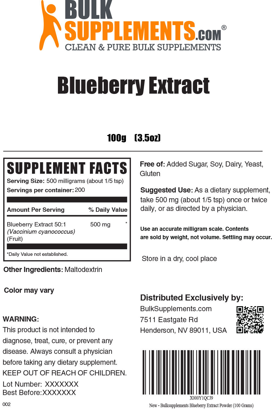 100g of Blueberry Extract Supplement Facts