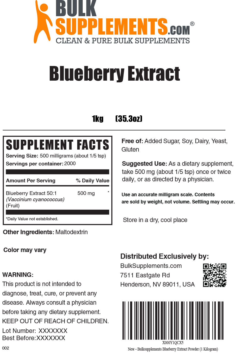 1kg of Blueberry Extract Supplement Facts