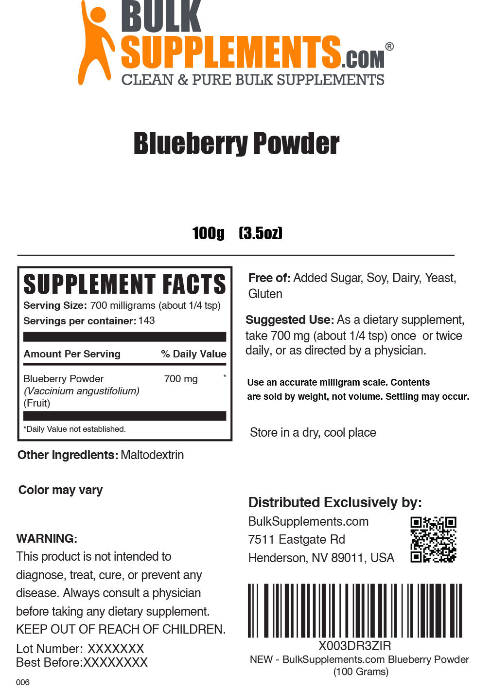 100g of Blueberry Powder Supplement Facts