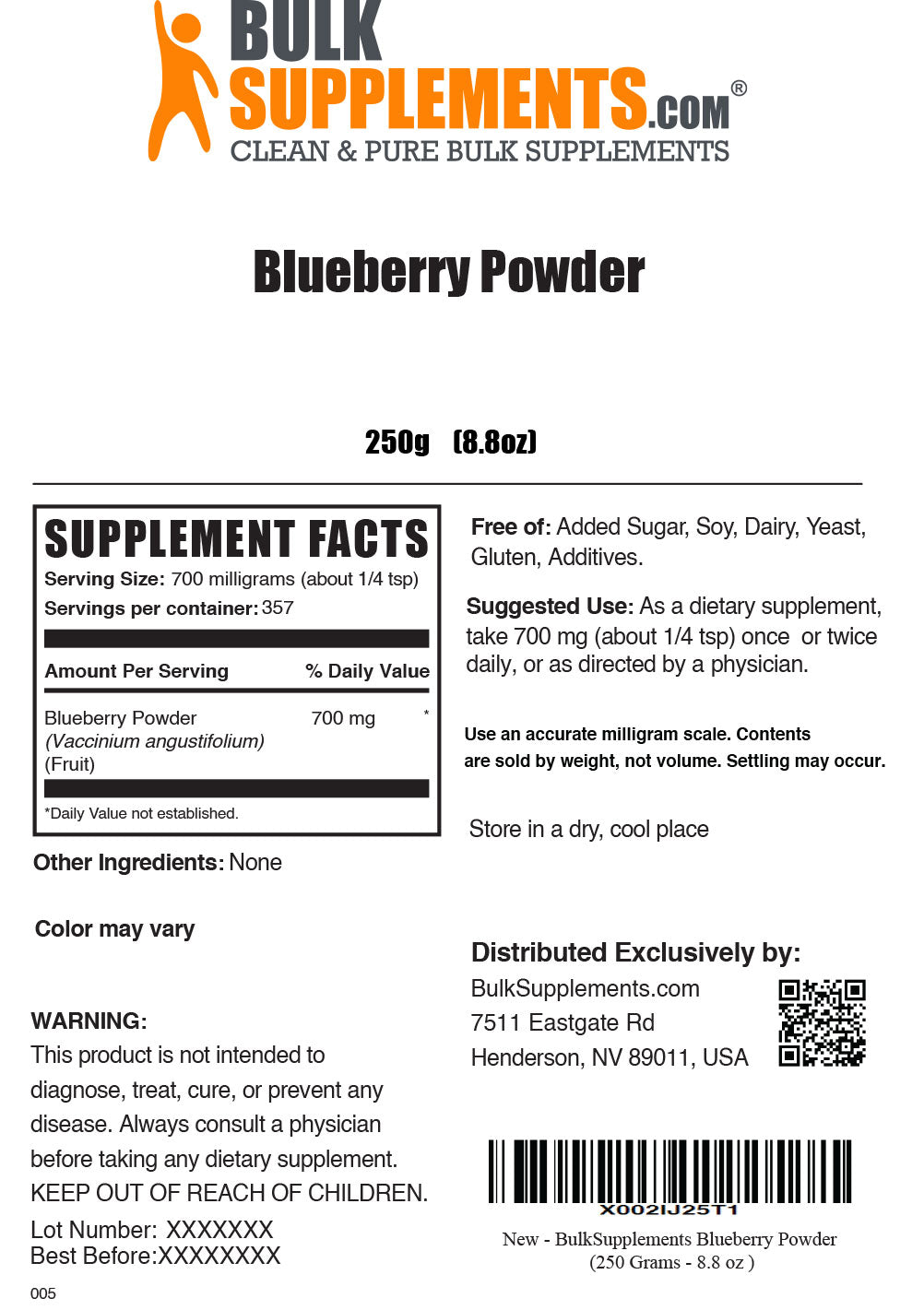 250g of Blueberry Powder Supplement Facts