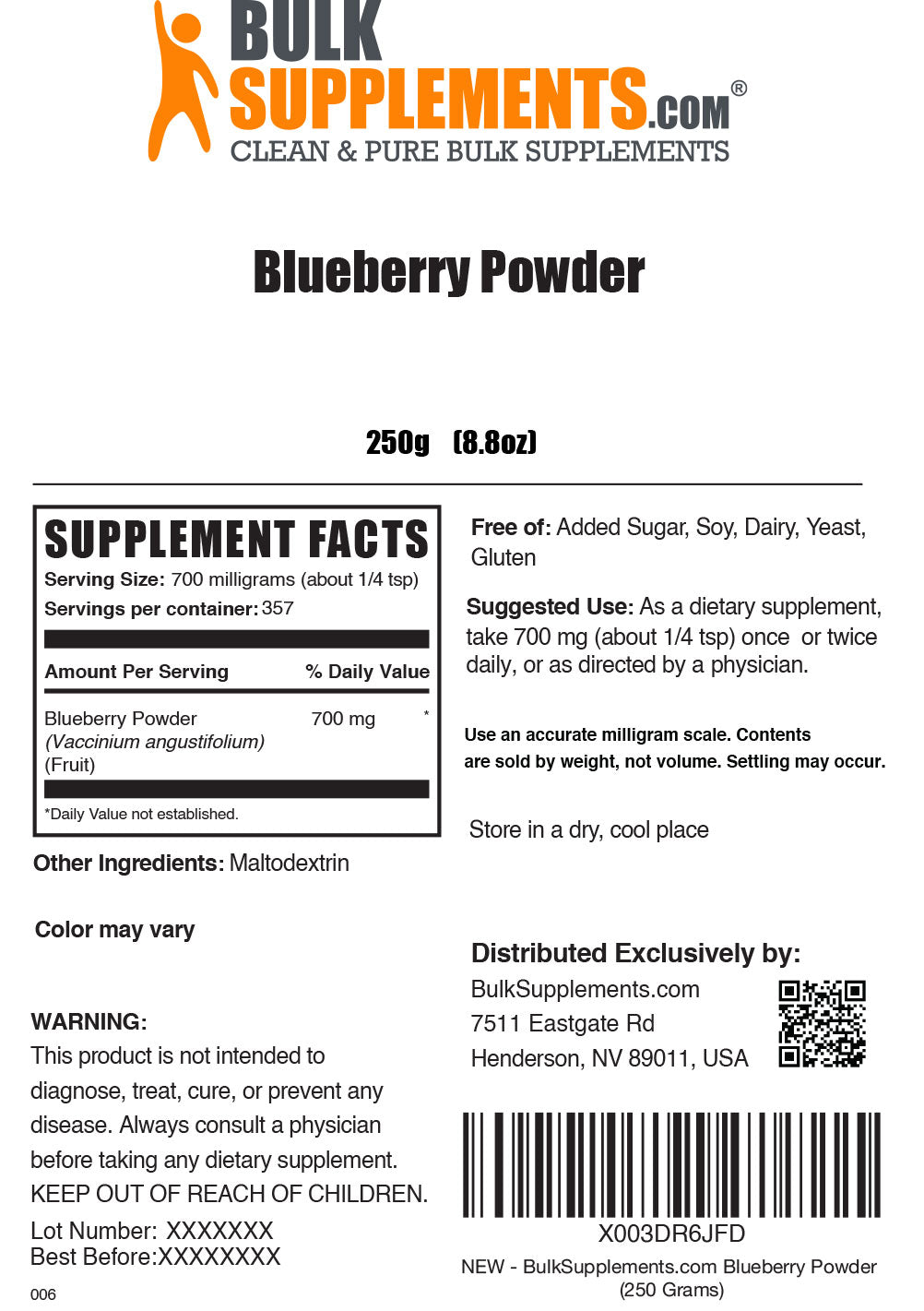 250g of Blueberry Powder Supplement Facts