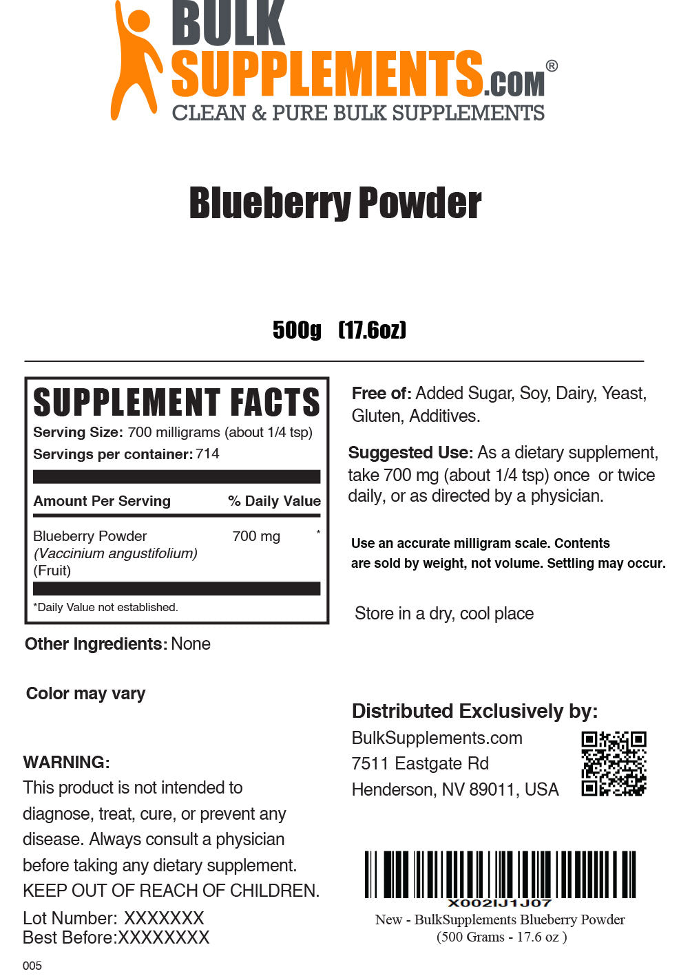 500g of Blueberry Powder Supplement Facts