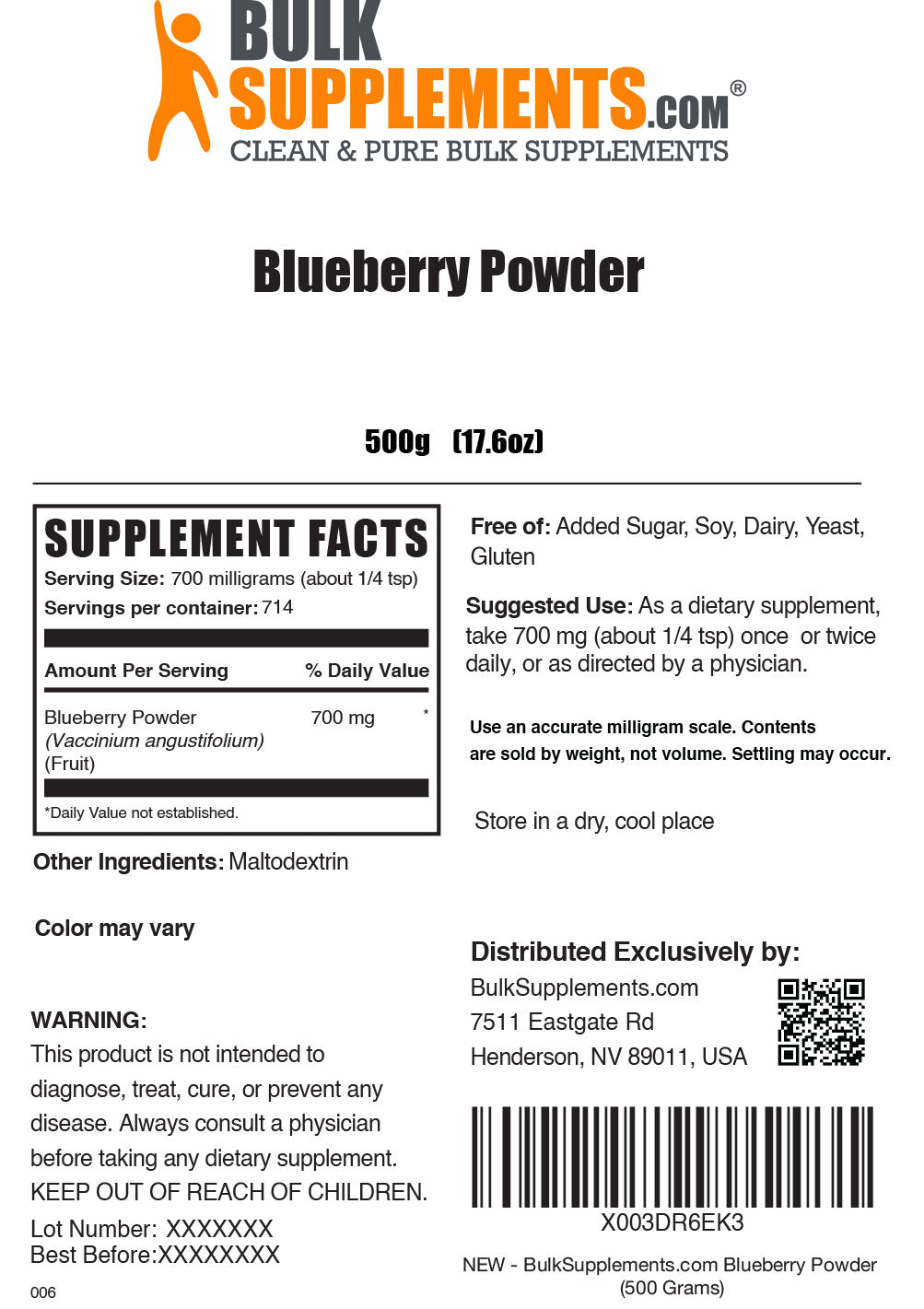 500g of Blueberry Powder Supplement Facts