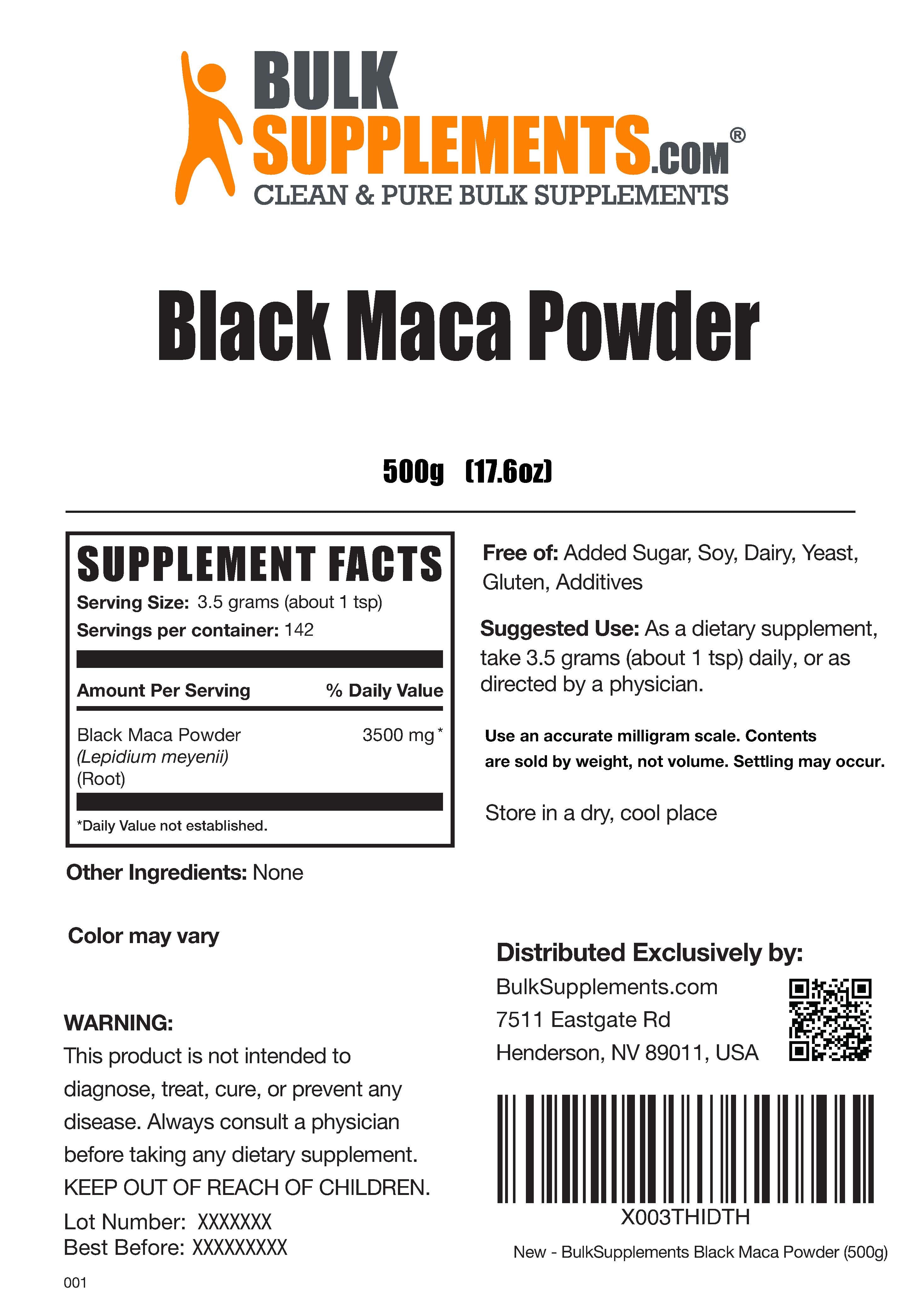 500g bag of black maca powder supplement facts