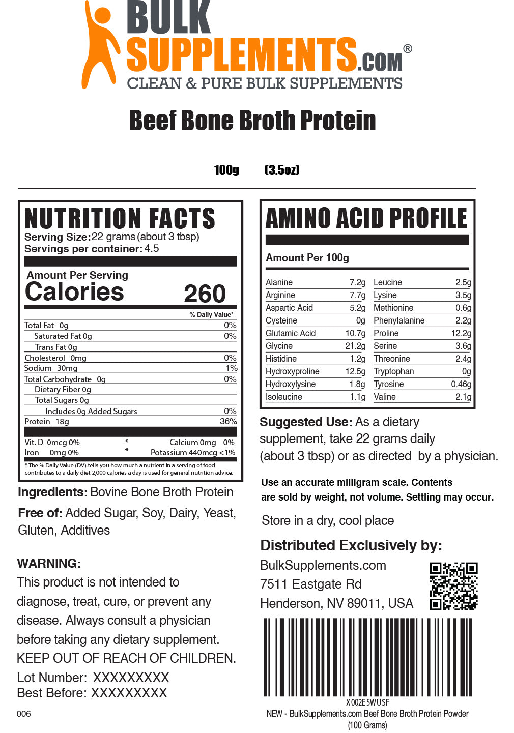 Beef Bone Broth Protein Powder Supplement Facts and Serving Size 