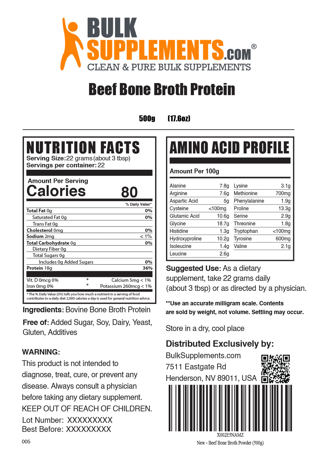 Beef Bone Broth Protein Supplement label, Ingredients  and Serving Size 