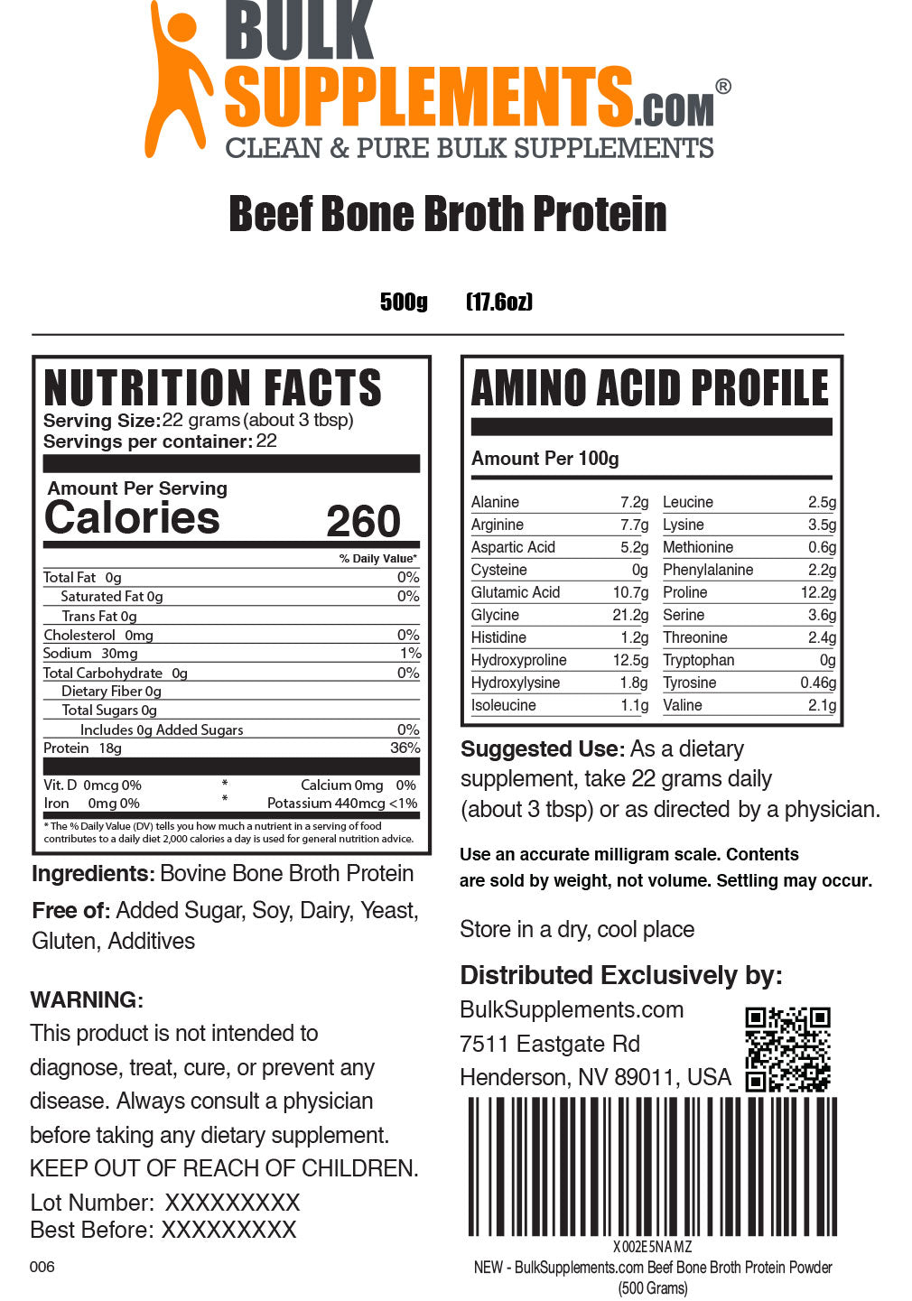 Supplement Facts Beef Bone Broth Protein Powder