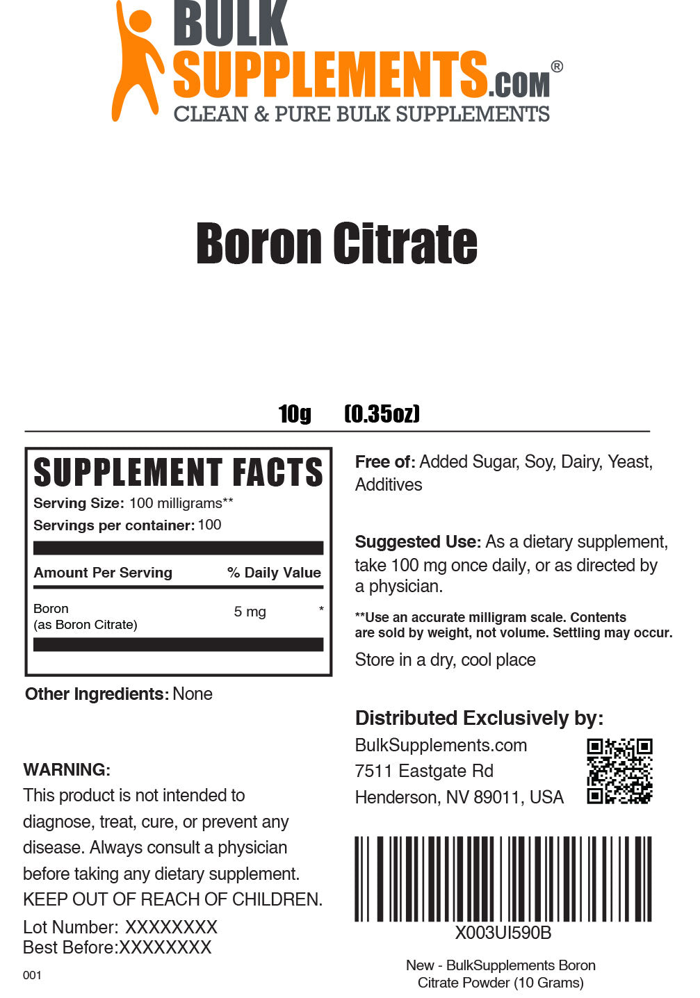 10g of Boron Citrate Supplement Facts