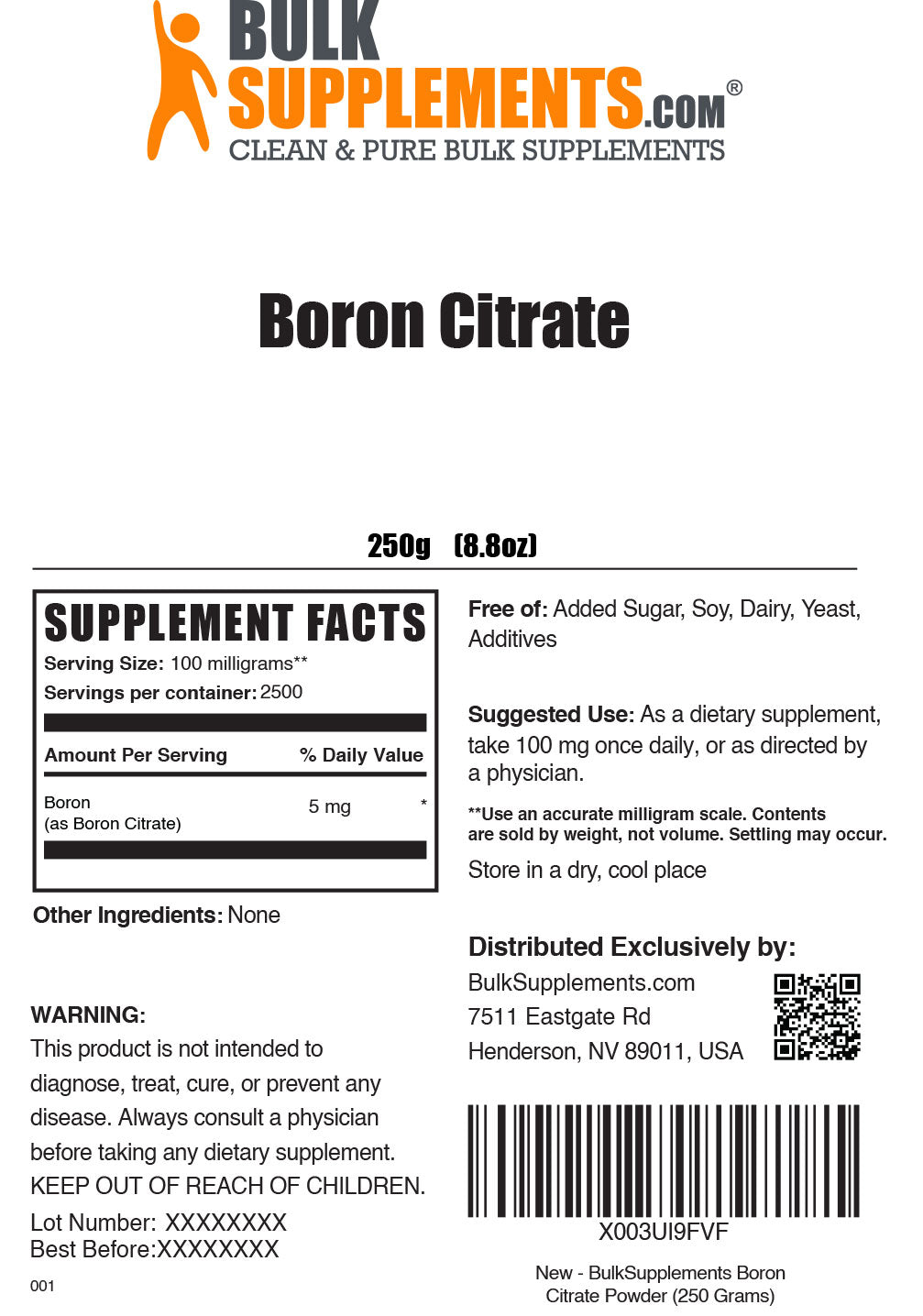 250g of Boron Citrate Supplement Facts