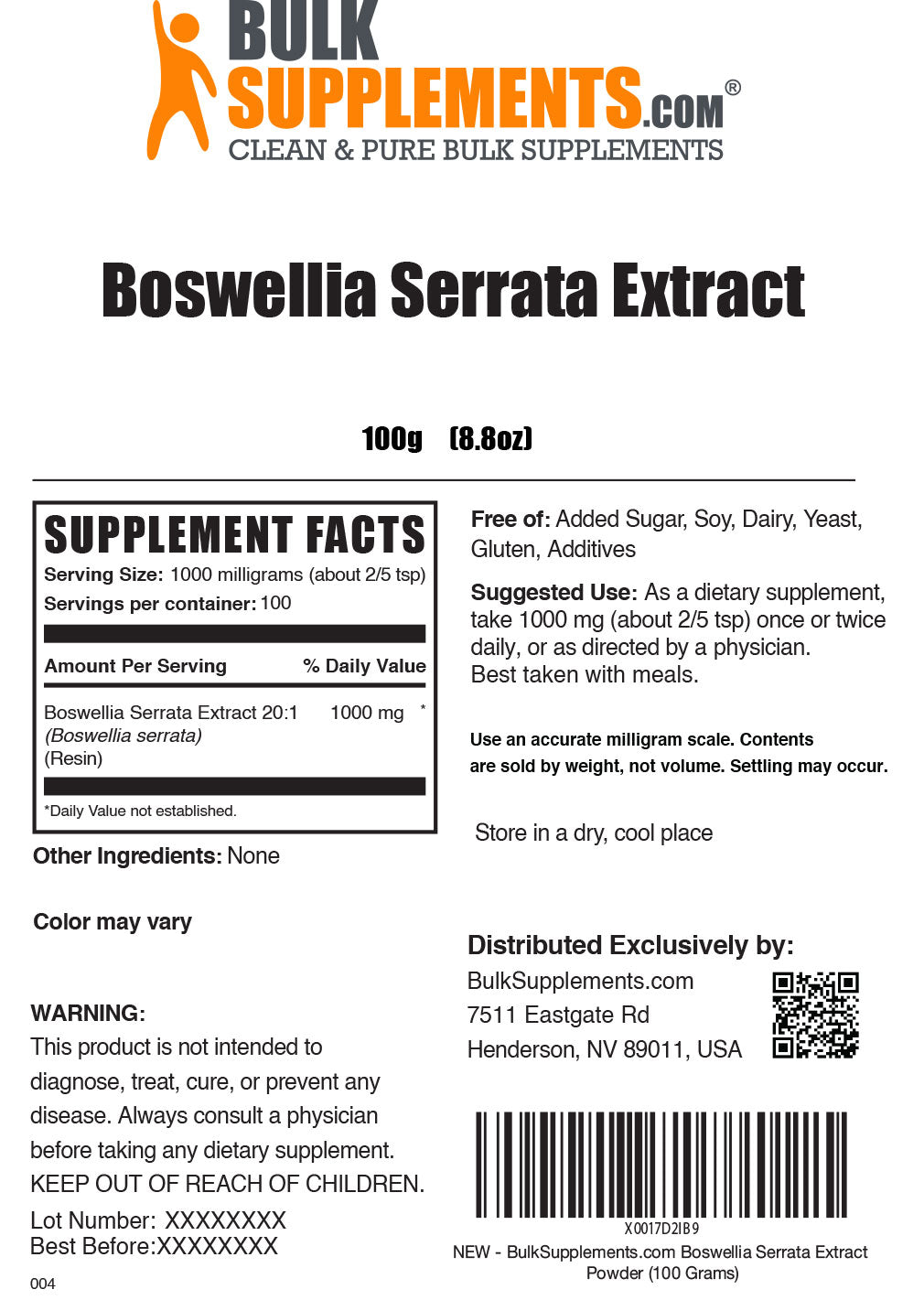 100g Boswellia Serrata Supplement Facts Label