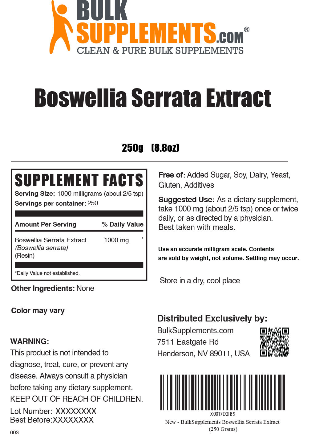 250g Boswellia Serrata Supplement Facts Label