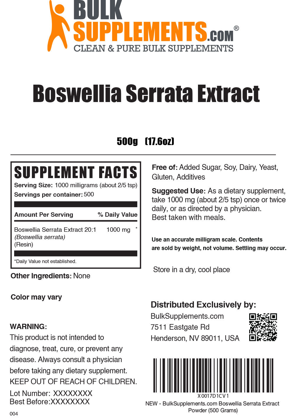 500g Boswellia Serrata Supplement Facts Label
