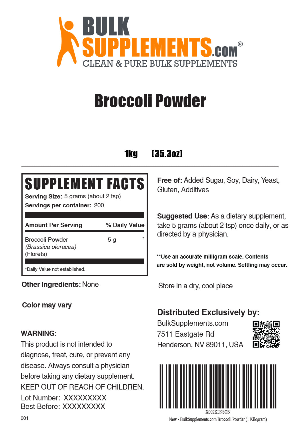 Supplement Facts Broccoli Powder 1 Kilogram