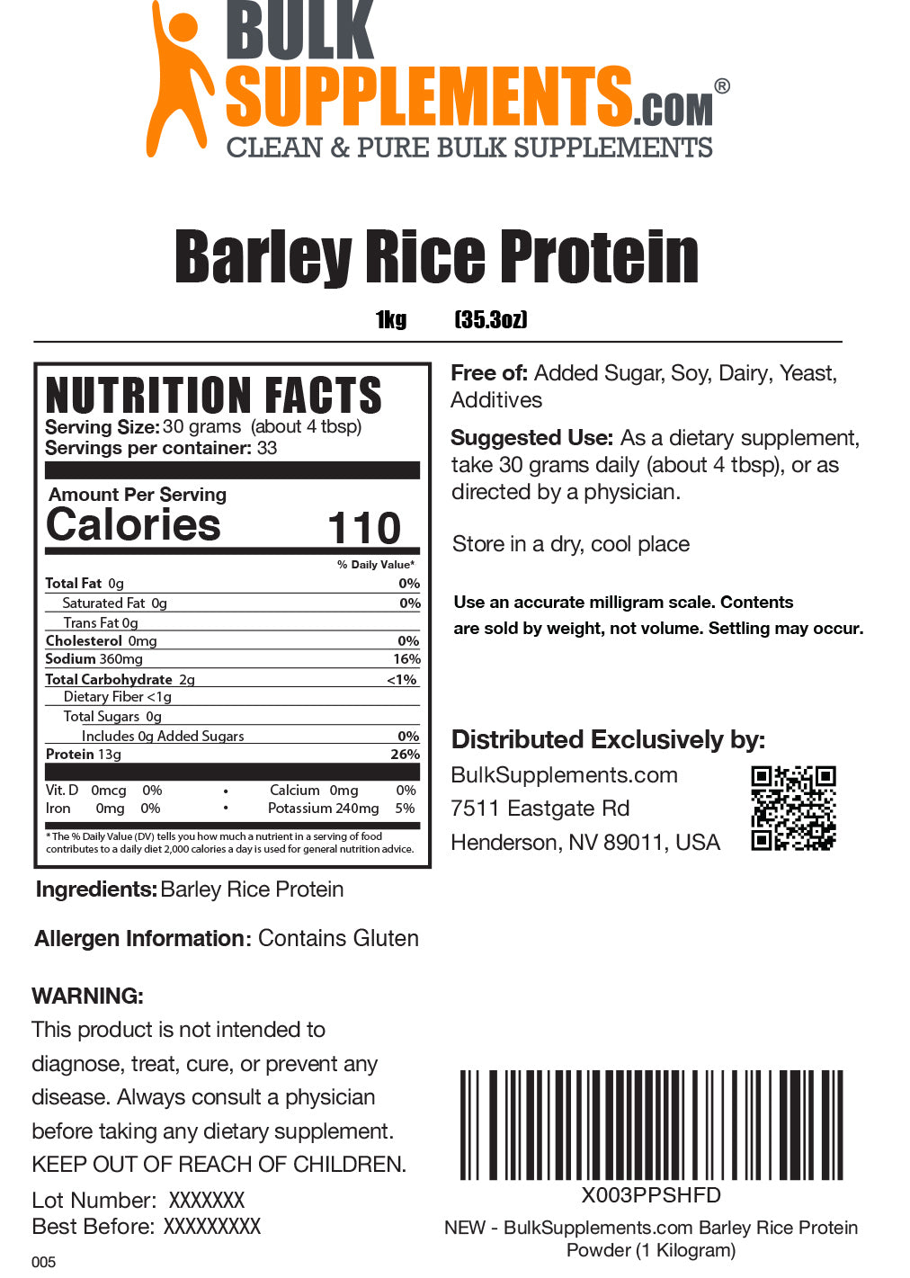 Nutrition Facts Barley Rice Protein