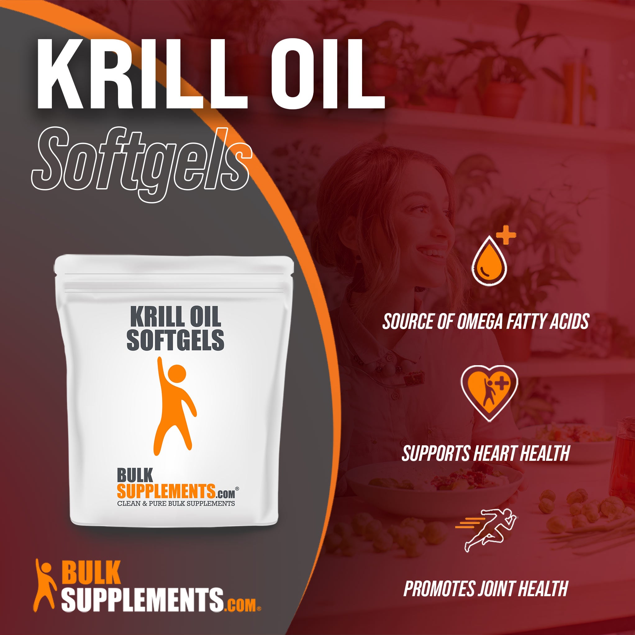 Benefits of Krill Oil Softgels; source of omega fatty acids, supports heart health, promotes joint health