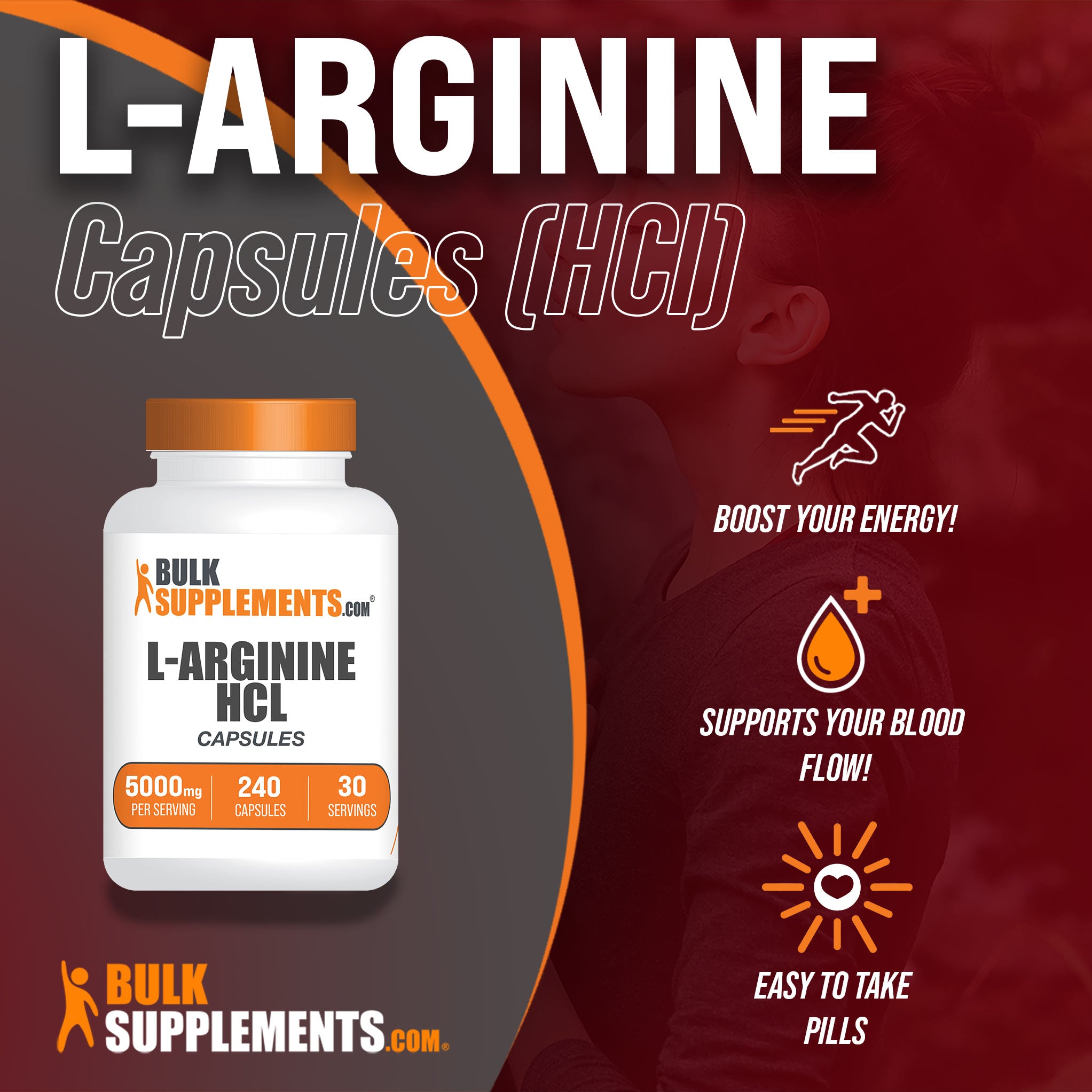 L-Arginine HCl Capsules 240 ct Main Benefits Image