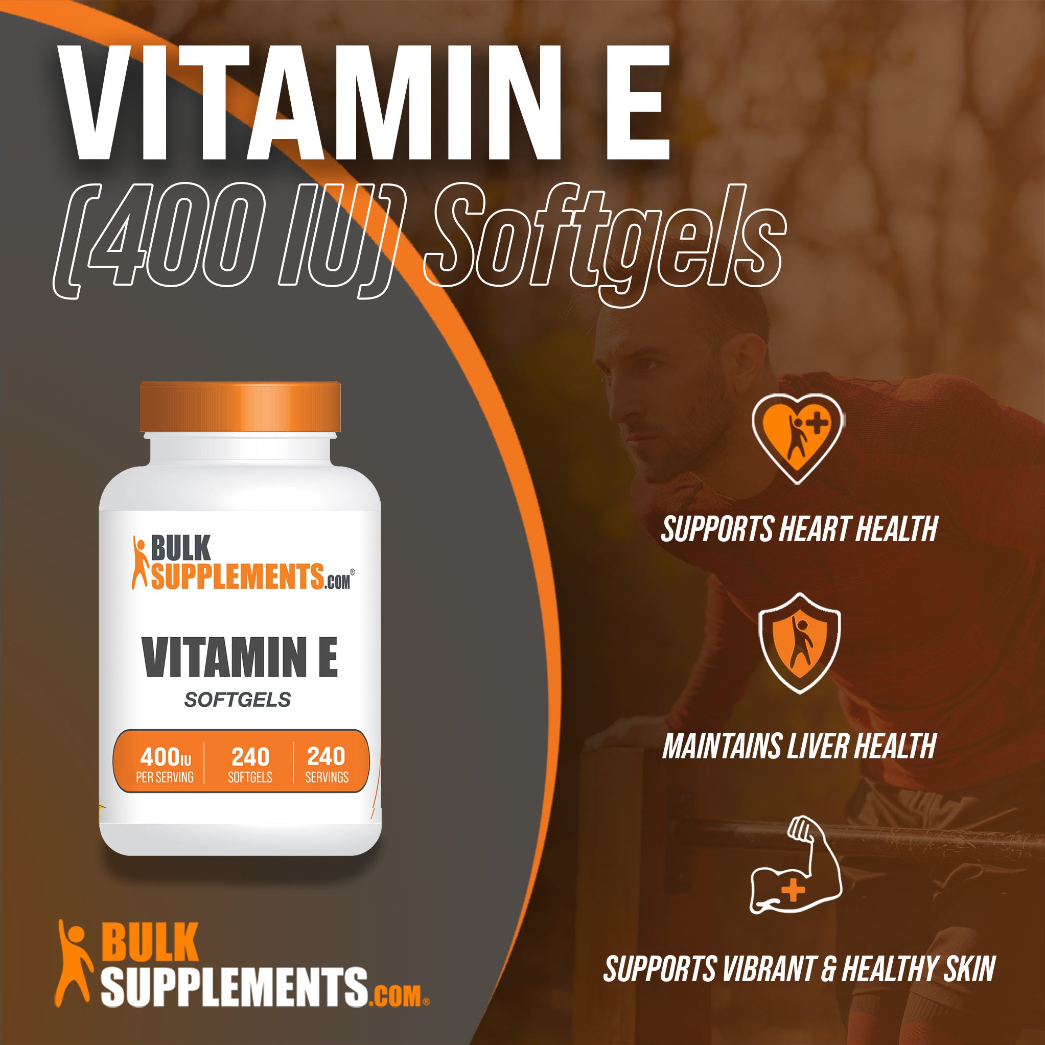 Benefits of Vitamin E Softgels: supports heart health, maintains liver health, supports vibrant and healthy skin