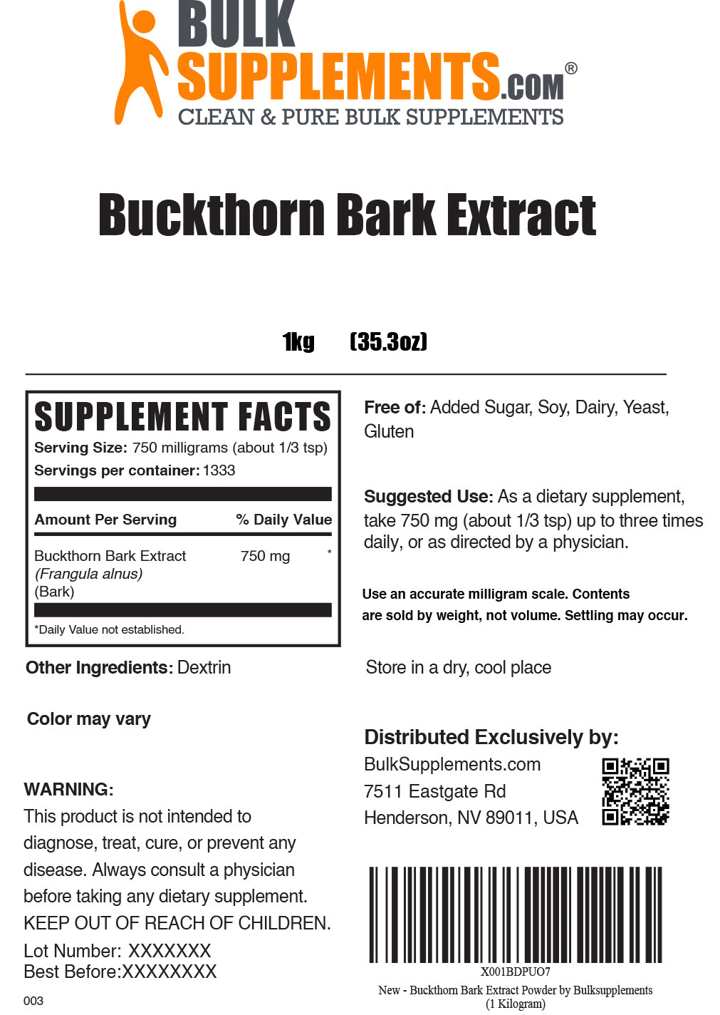 1kg Buckthorn Bark Extract Supplement Facts