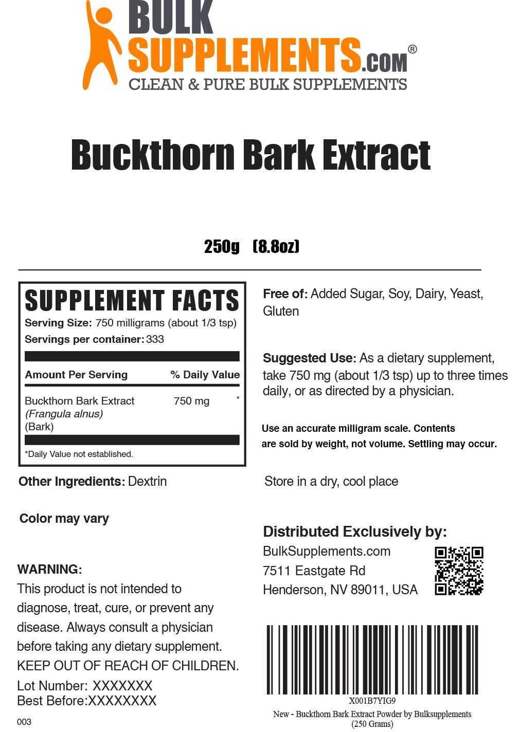 250g Buckthorn Bark Extract Supplement Facts