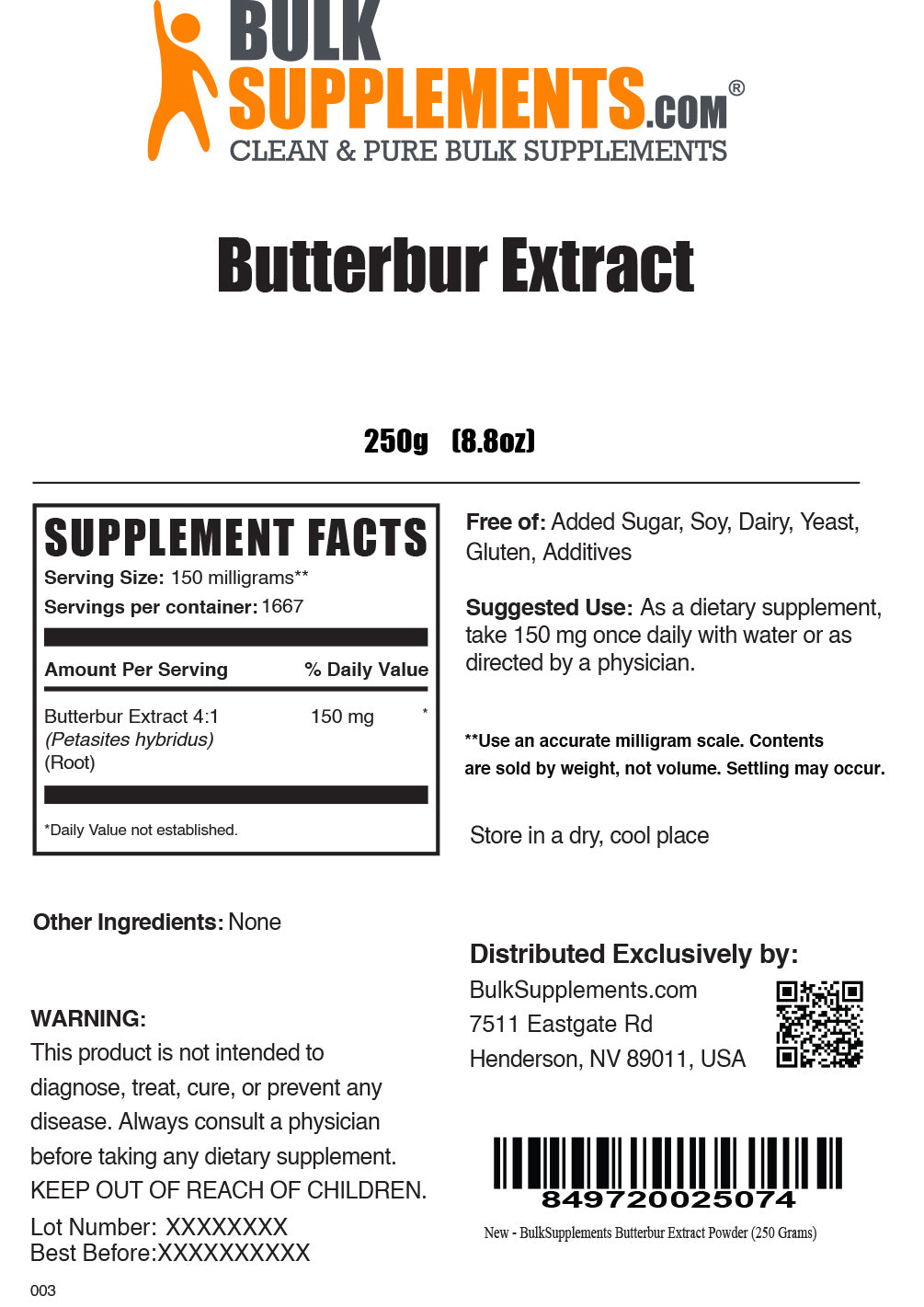 250g of Butterbur extract supplement facts