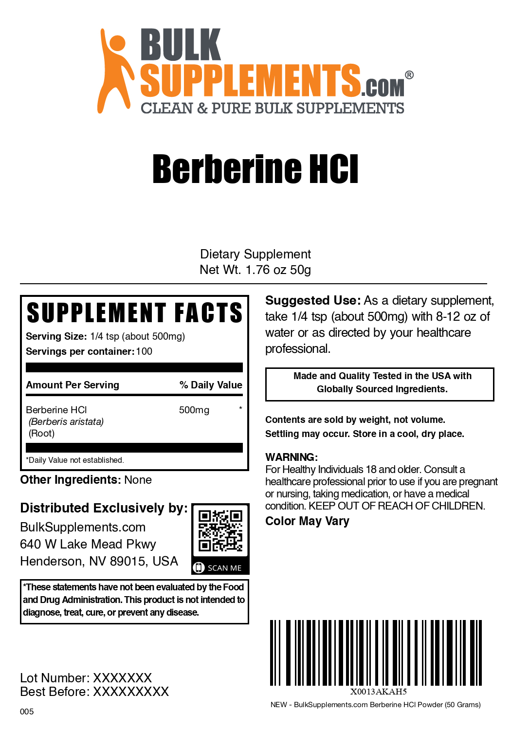 Berberine HCl Powder 50g Bottle Label
