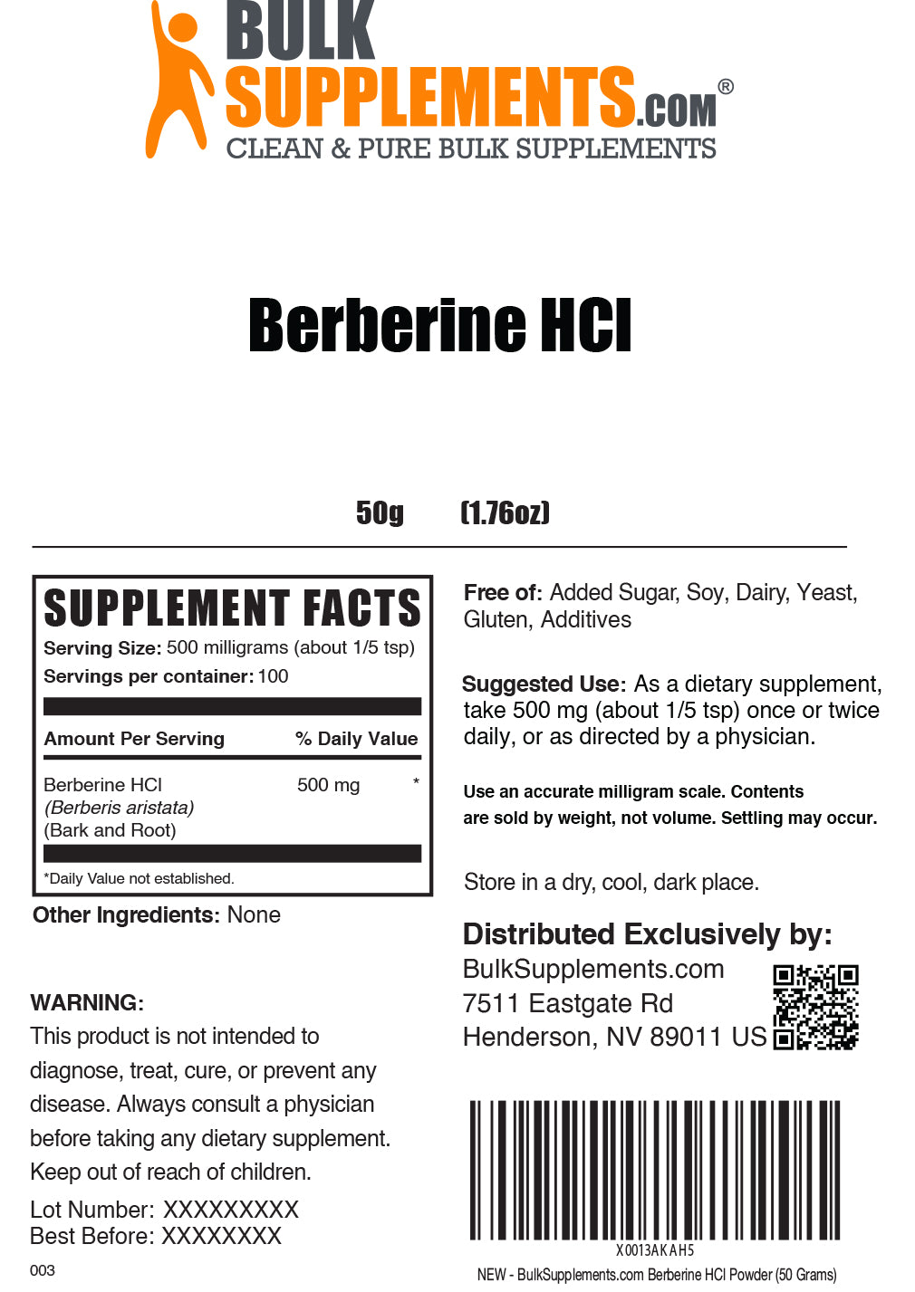 Berberine HCl Powder 250g Label