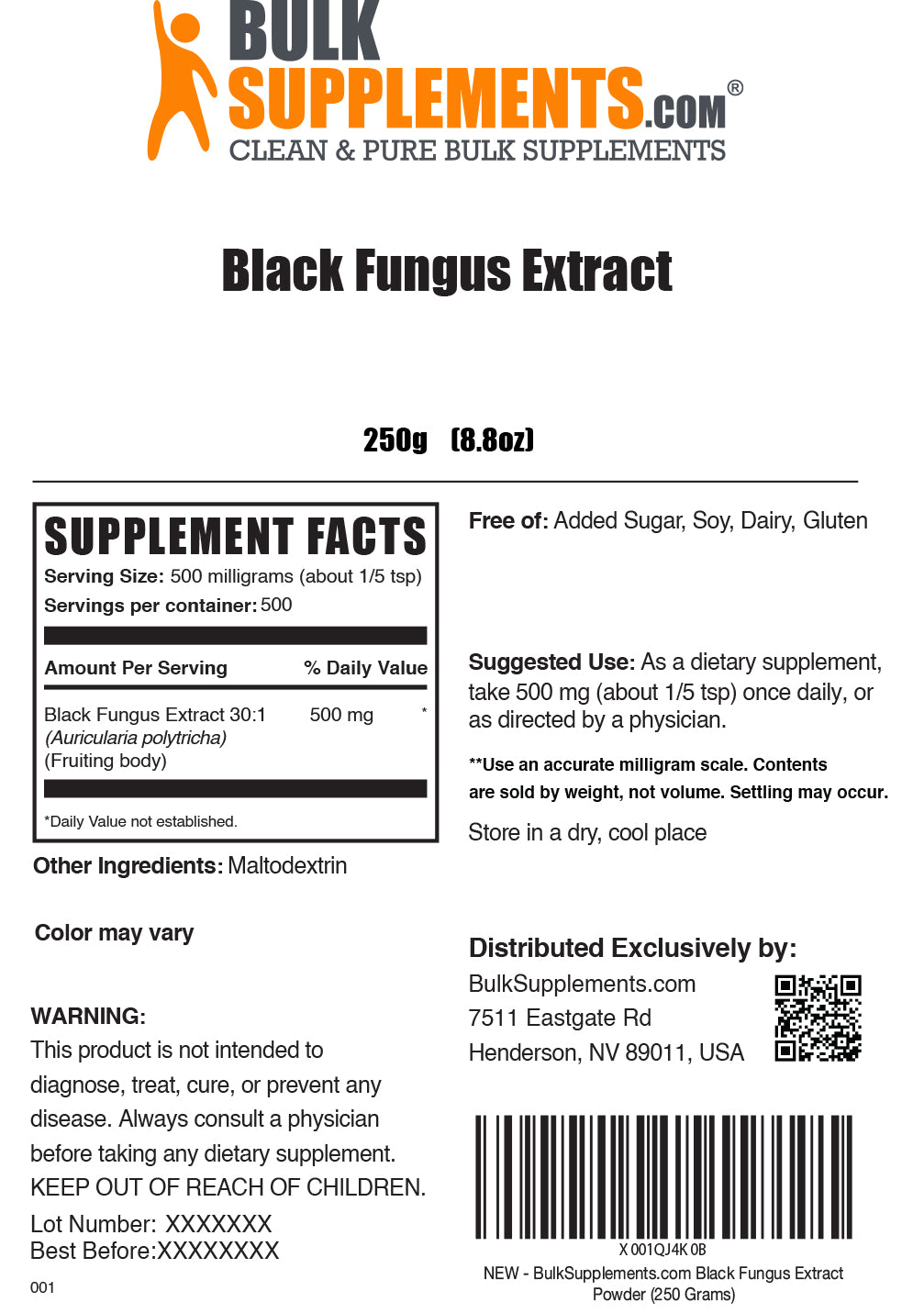 Black mushroom extract powder label 250g