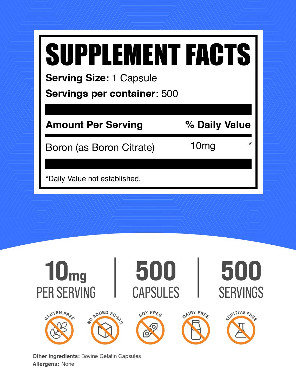 Boron citrate 10mg 500 capsules label