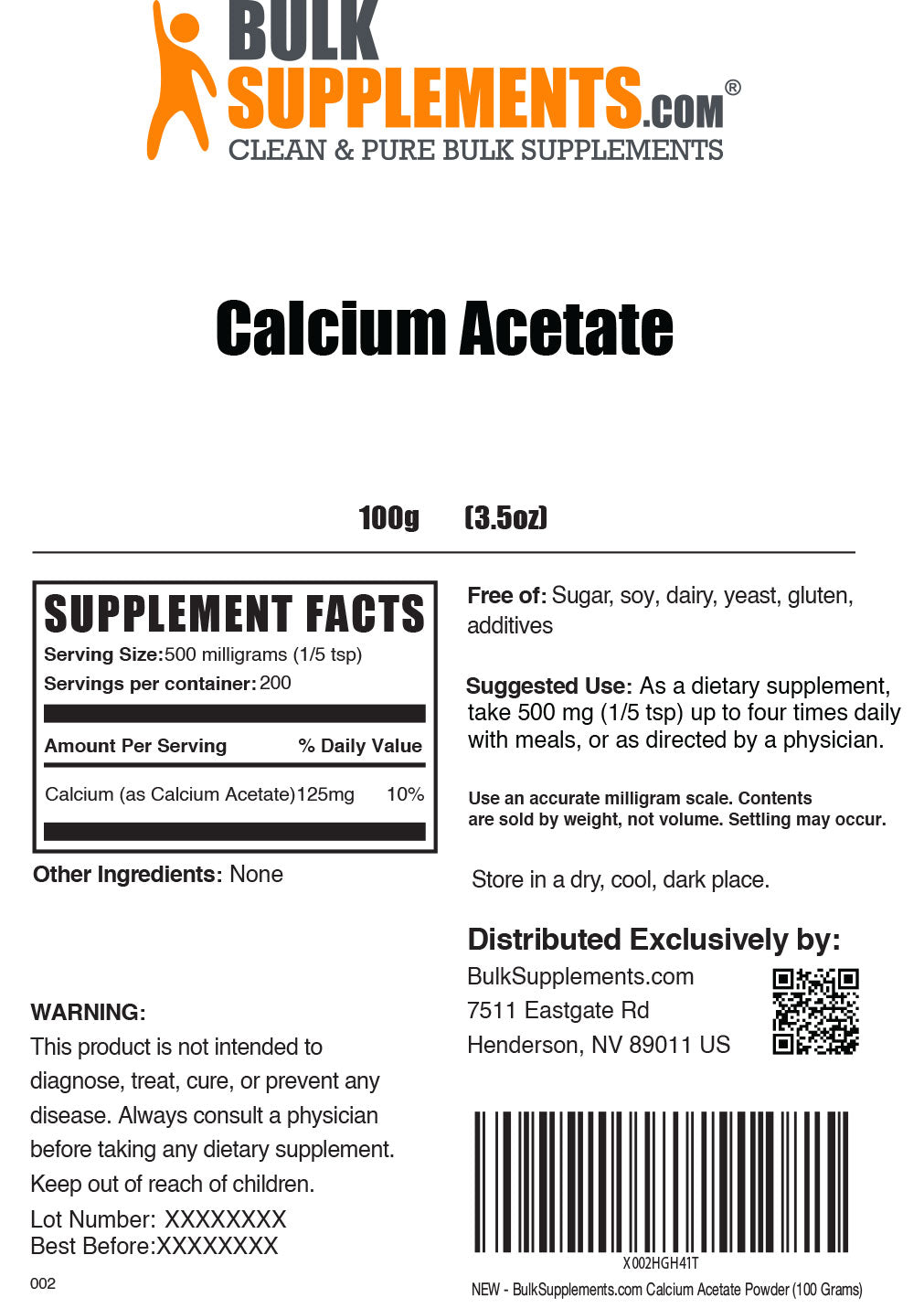 Supplement Facts Calcium Acetate Powder 100 Grams