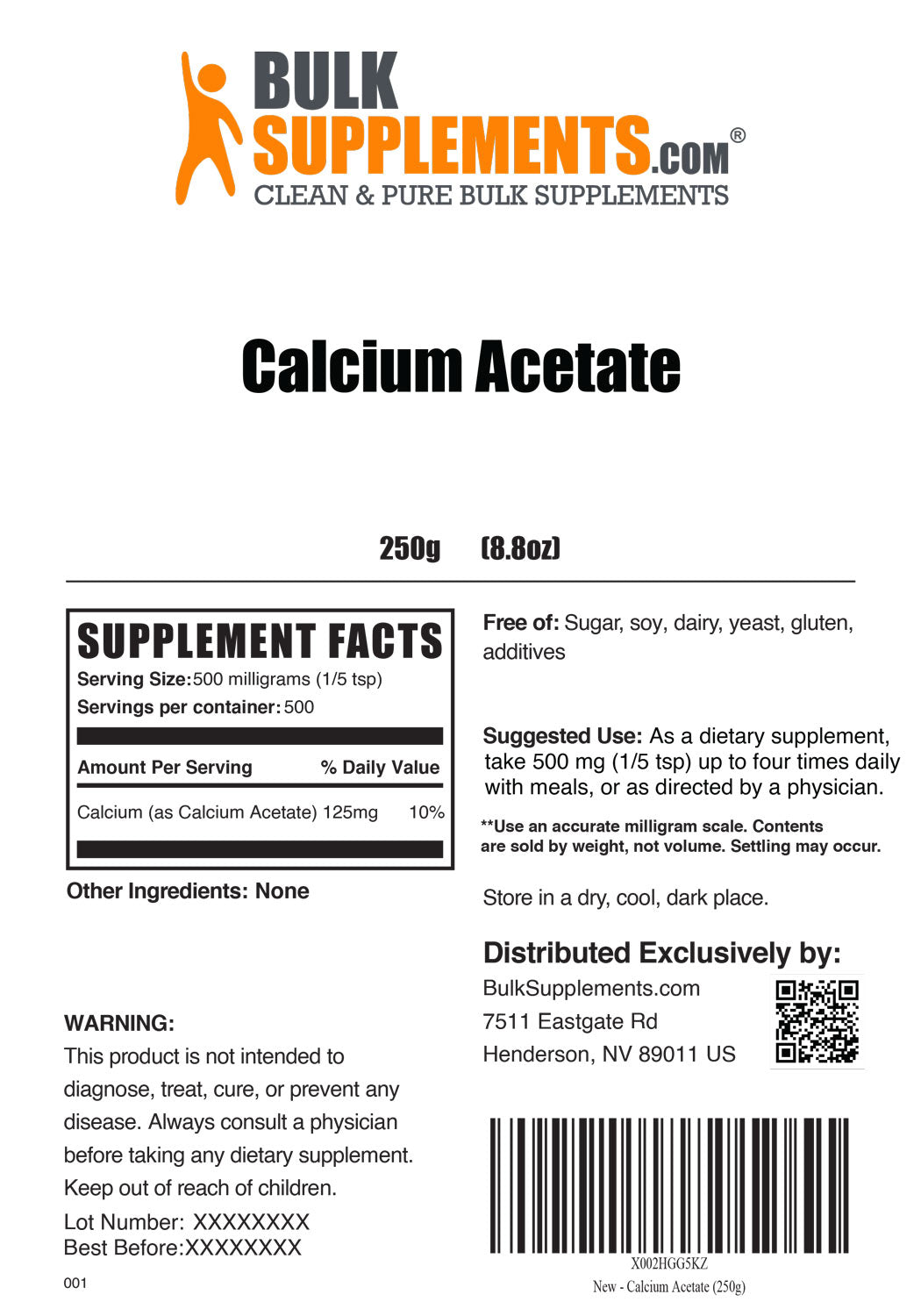 Supplement Facts Calcium Acetate Powder 250 grams