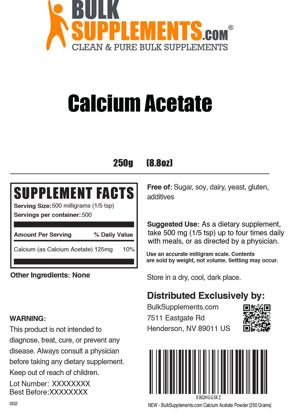 Supplement Facts Calcium Acetate Powder 250 Grams