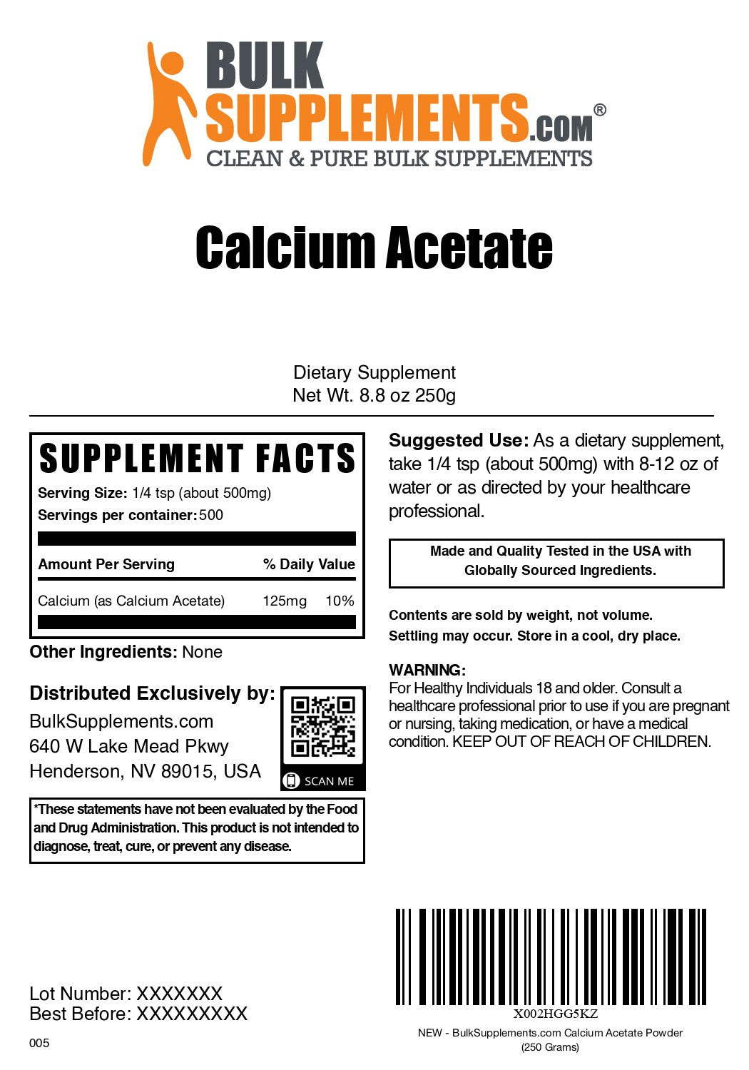 Calcium acetate powder label 250g