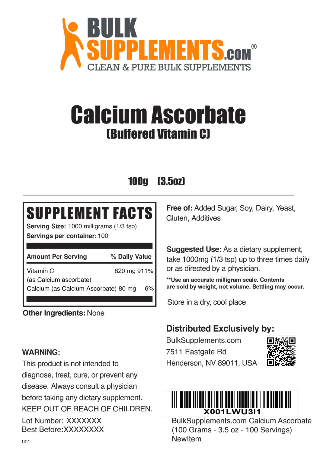 Supplement Facts Calcium Ascorbate Powder (Buffered Vitamin C) 100 grams