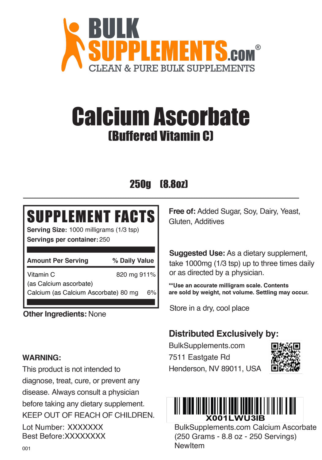 Supplement Facts Calcium Ascorbate Powder (Buffered Vitamin C) 250 grams