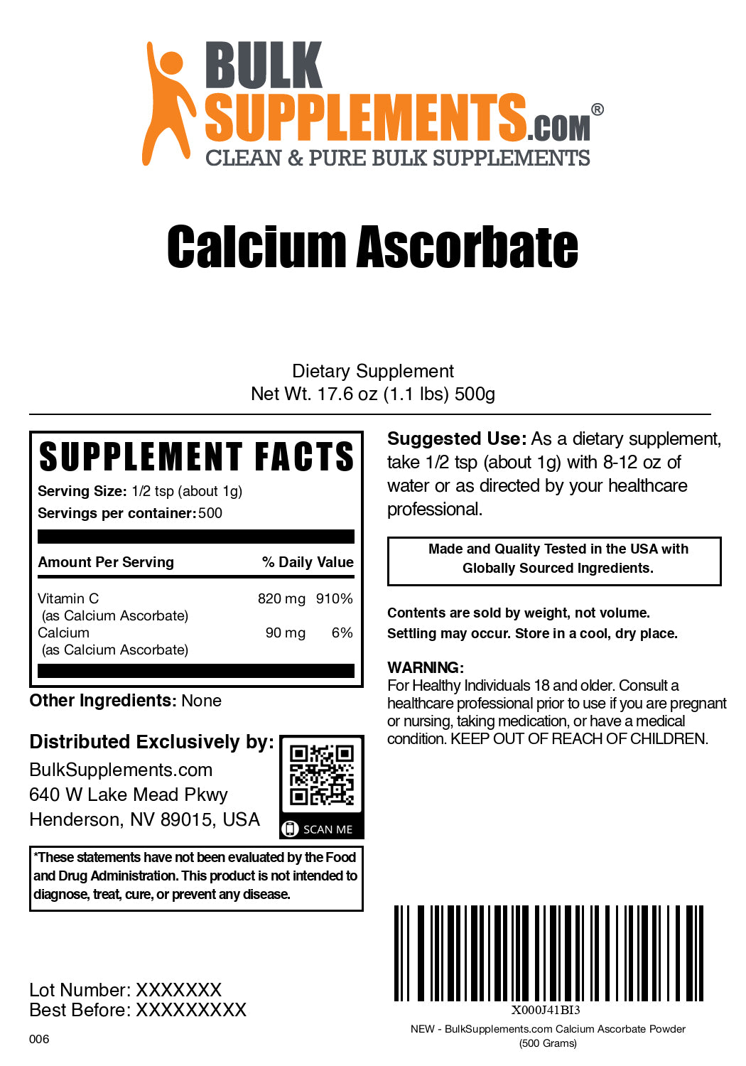 Calcium ascorbate powder label 500g