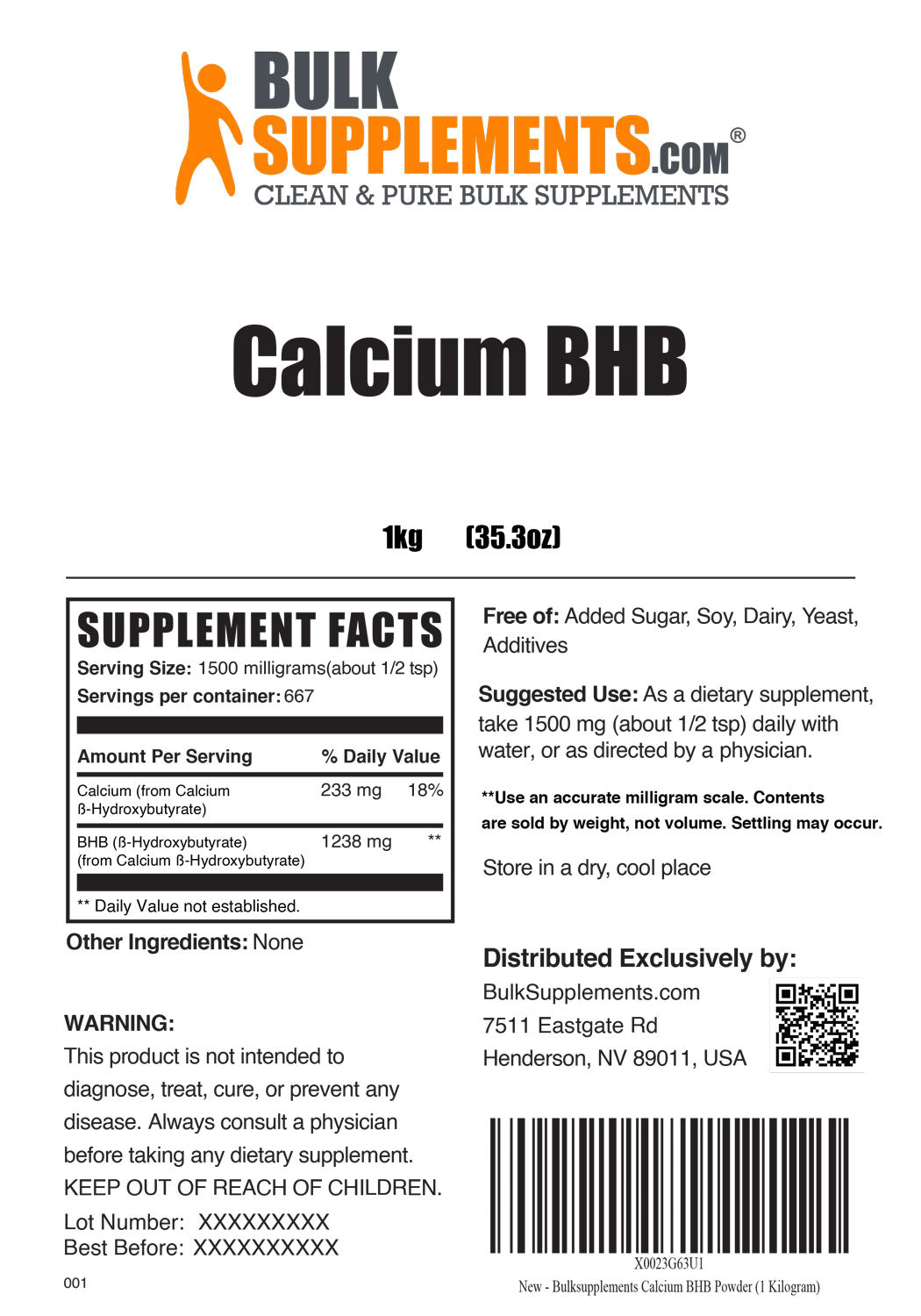 Supplement Facts Calcium BHB Powder 1 Kilogram