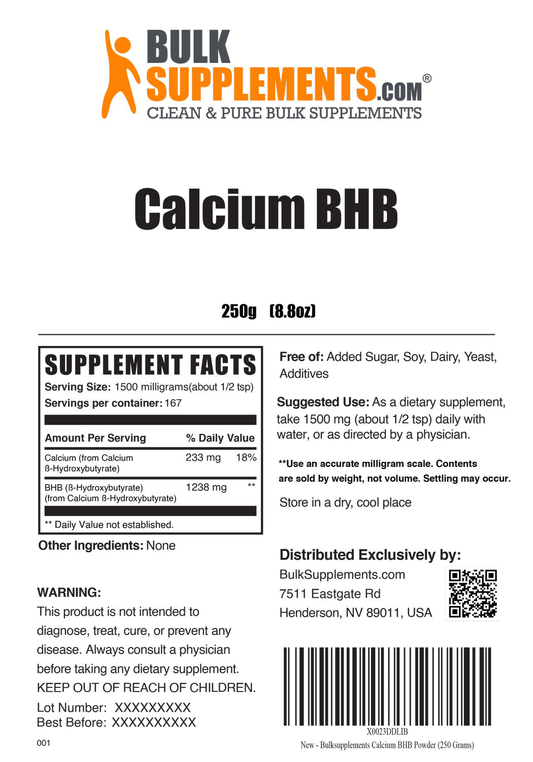 Supplement Facts Calcium BHB Powder 250 grams