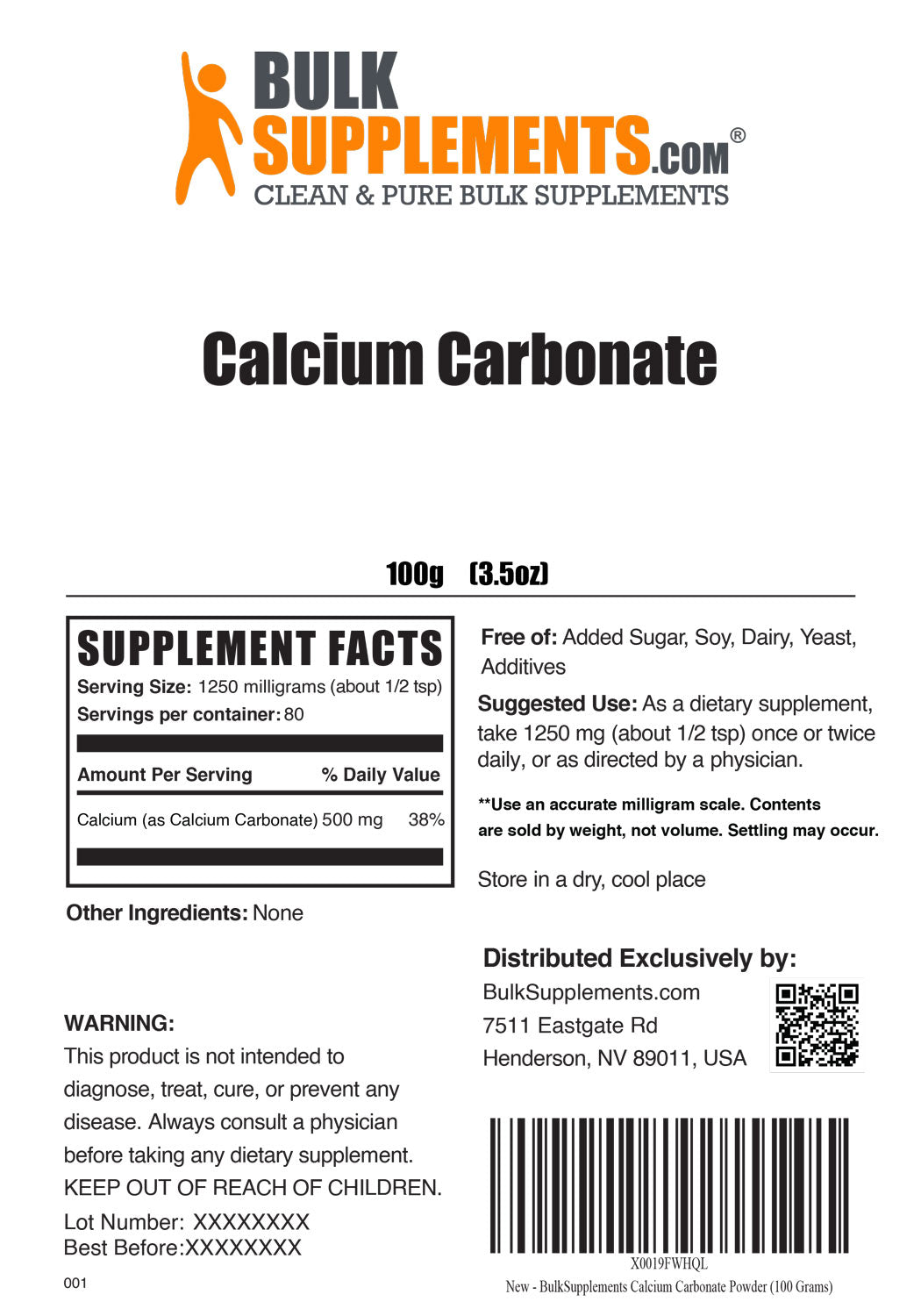 Supplement Facts Calcium Carbonate 100 grams 3.5 ounce