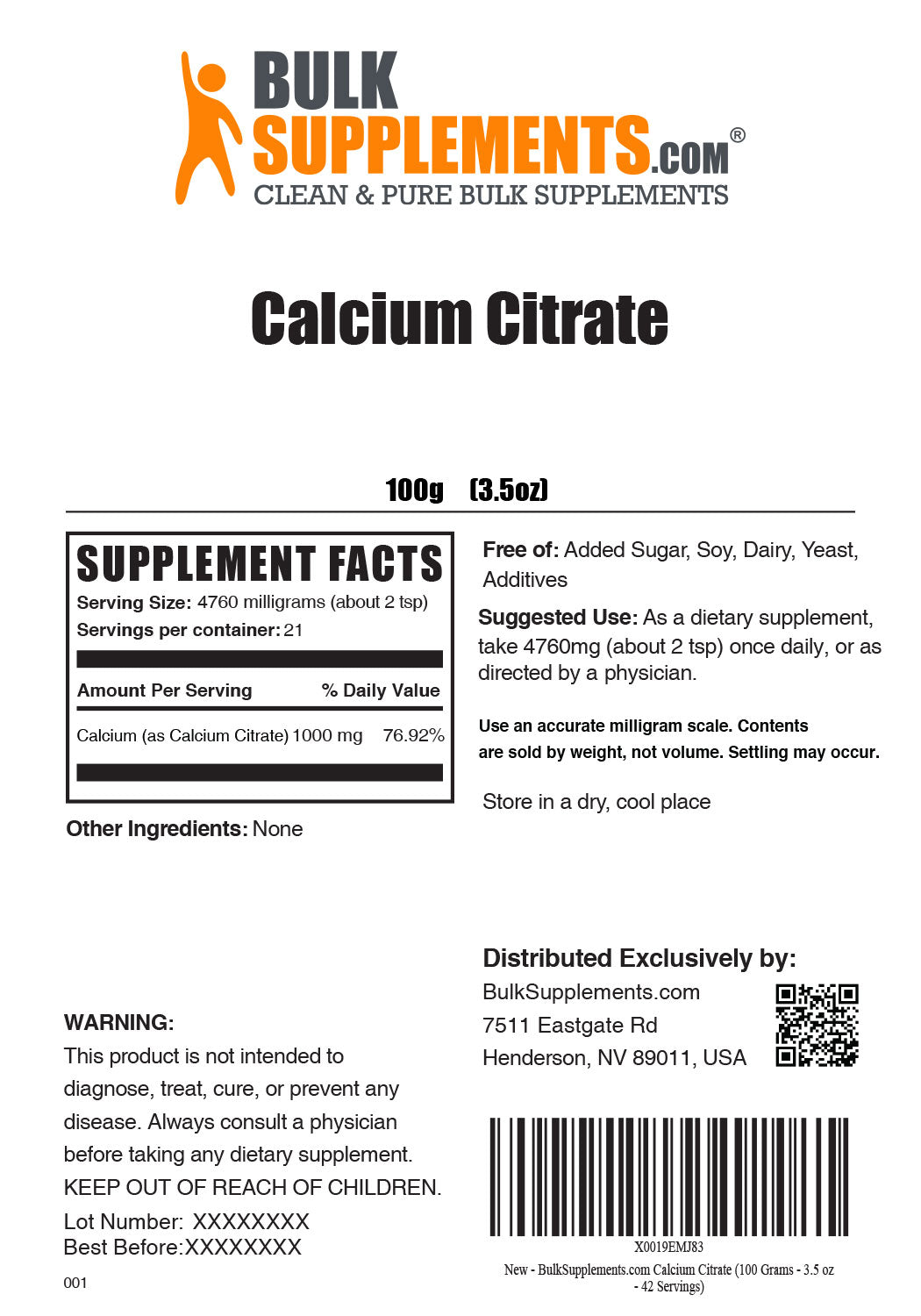 Supplement Facts Calcium Citrate Powder 100 grams 3.5 ounces