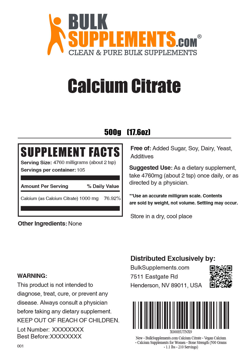 Supplement Facts Calcium Citrate Powder 500 grams 17.6 ounces
