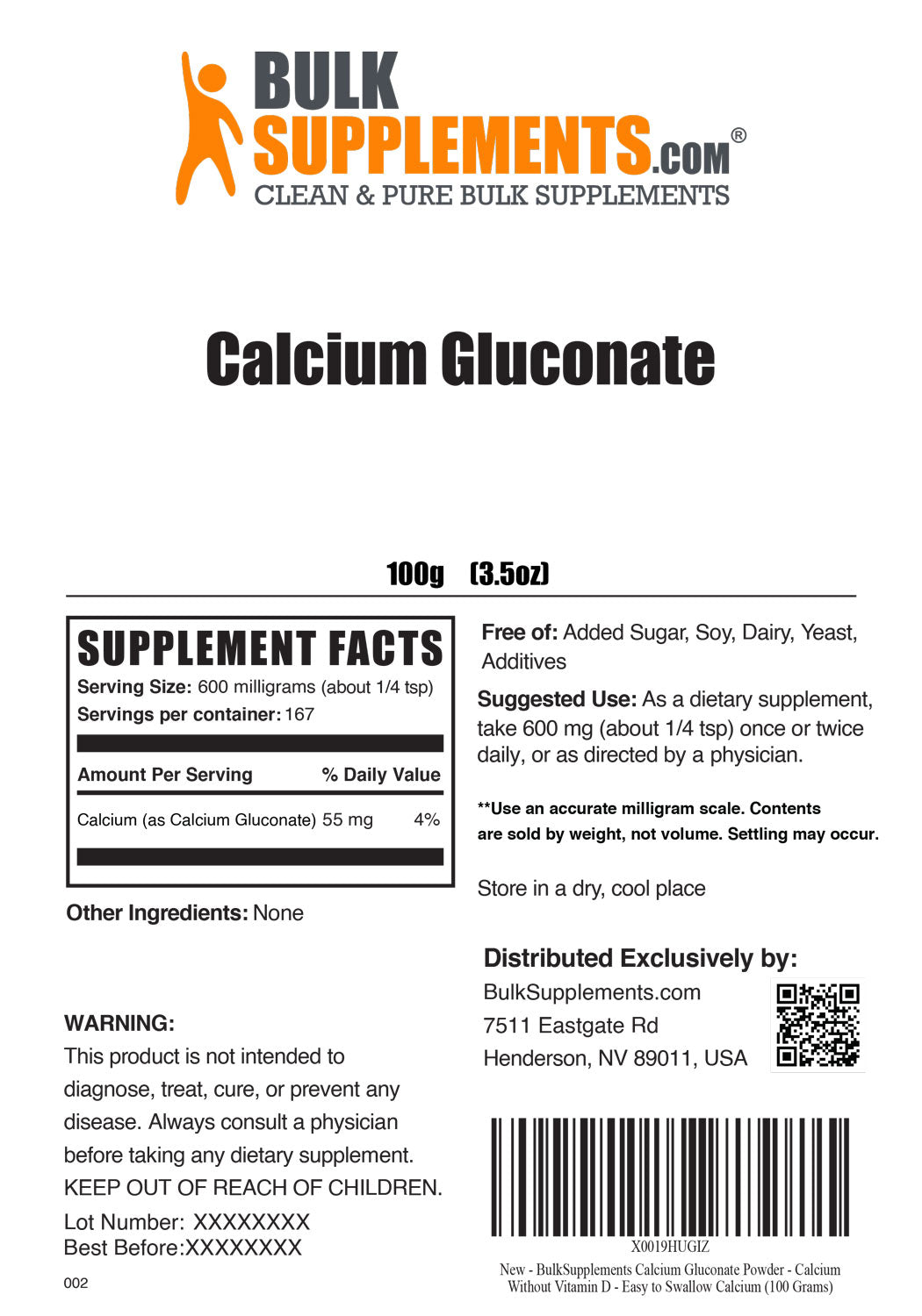 Supplement Facts Calcium Gluconate Powder 100 grams 3.5 ounces