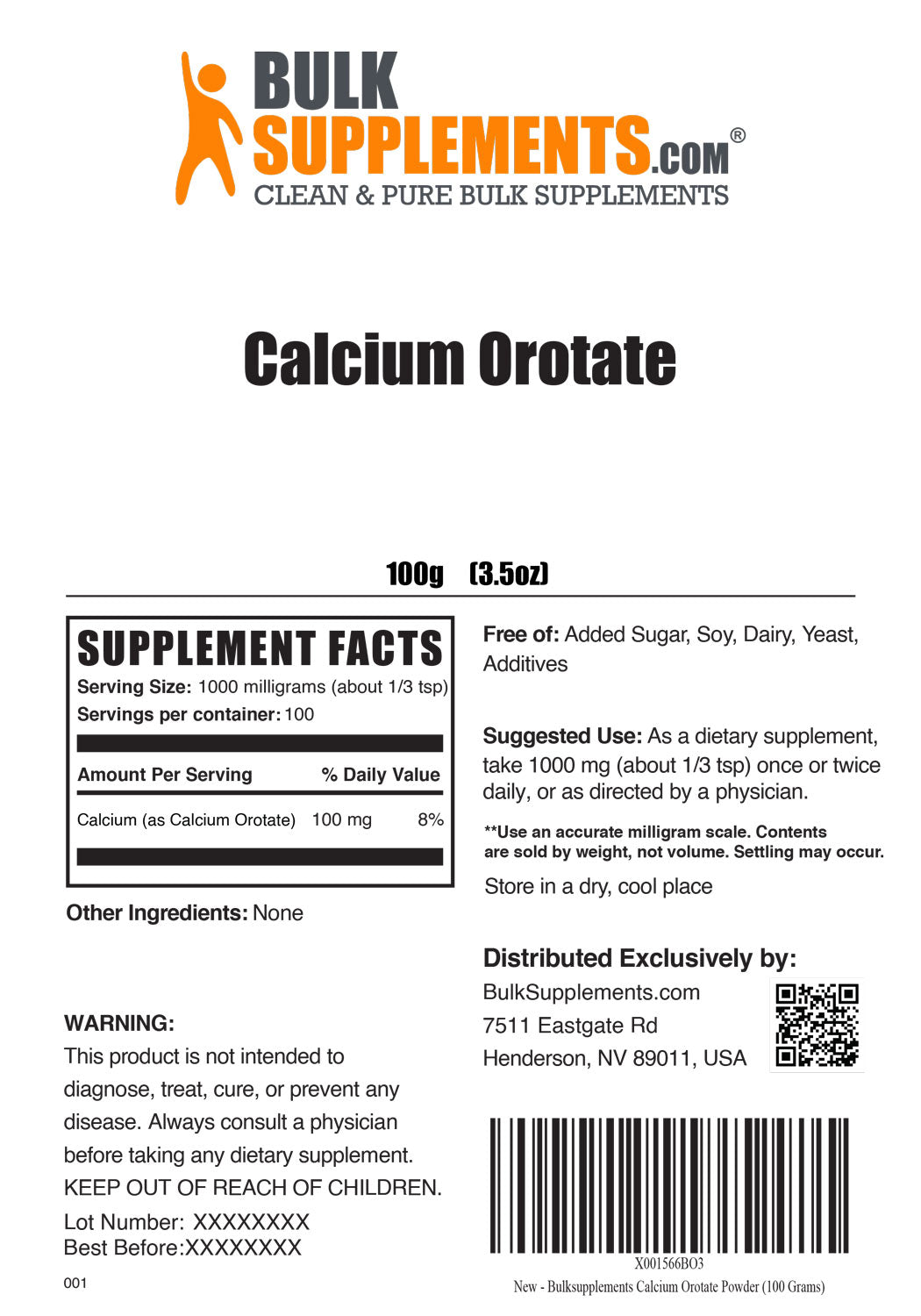 Supplement Facts Calcium Orotate Powder 100 grams 3.5 ounces