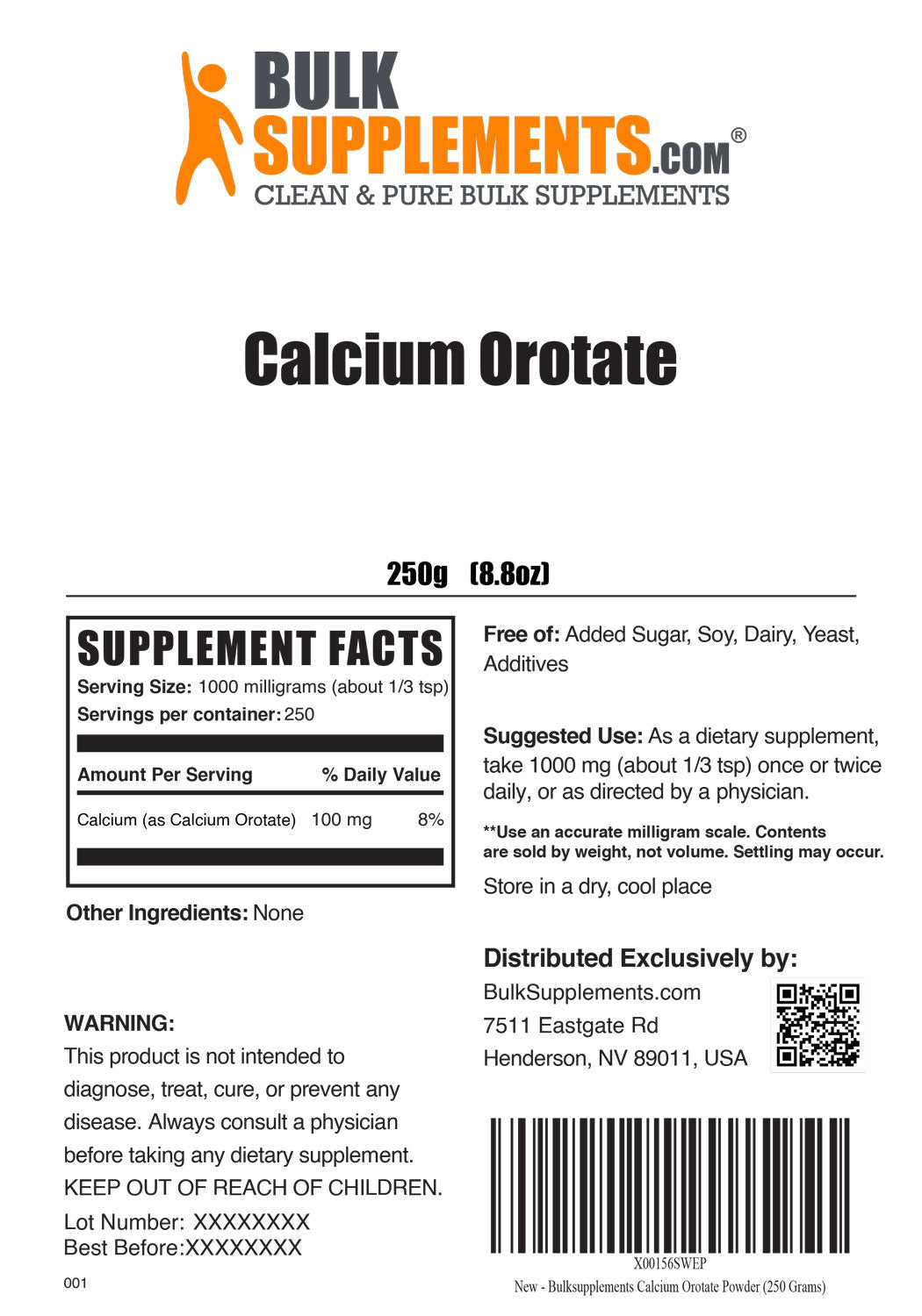 Supplement Facts Calcium Orotate Powder 250 grams 8.8 ounces