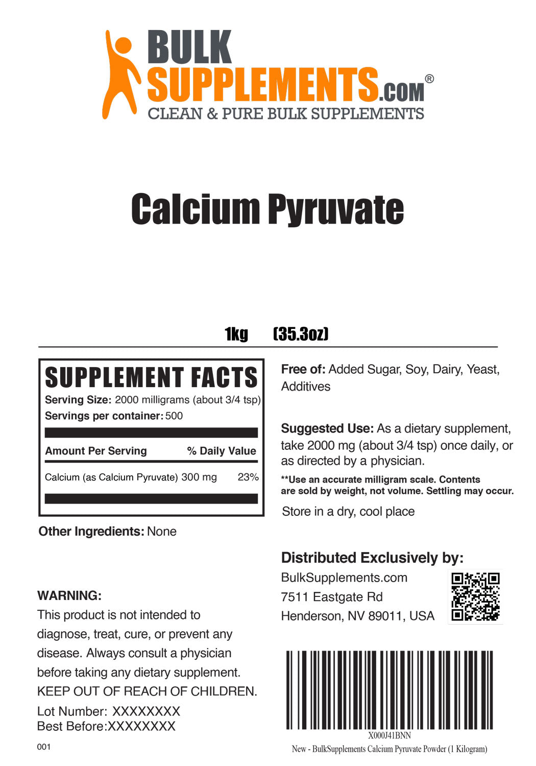 Supplement Facts Calcium Pyruvate Powder 1 Kilogram 35.3 ounces