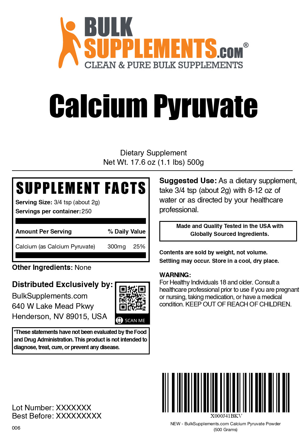 Calcium pyruvate powder label 500g