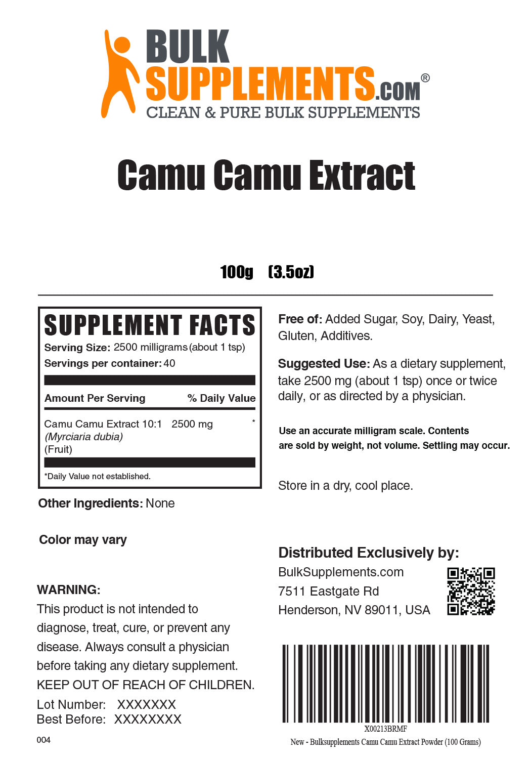 Supplement Facts Camu Camu Extract 100 grams 3.5 ounces